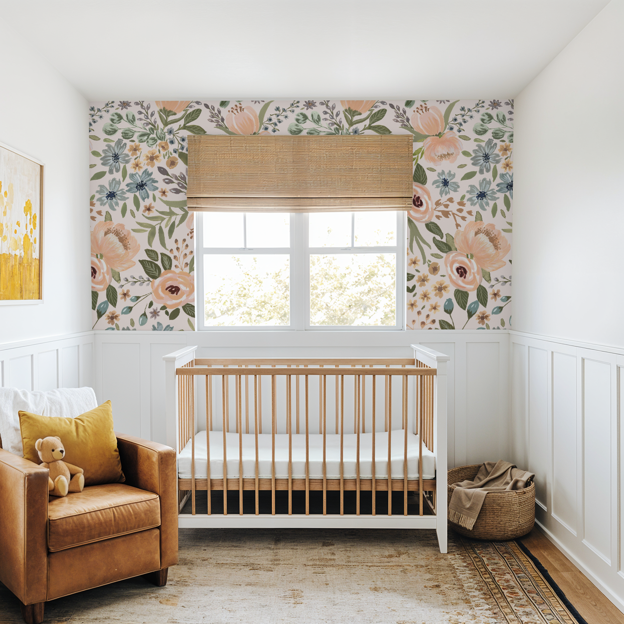 Nursery room with floral wallpaper, crib, and armchair.