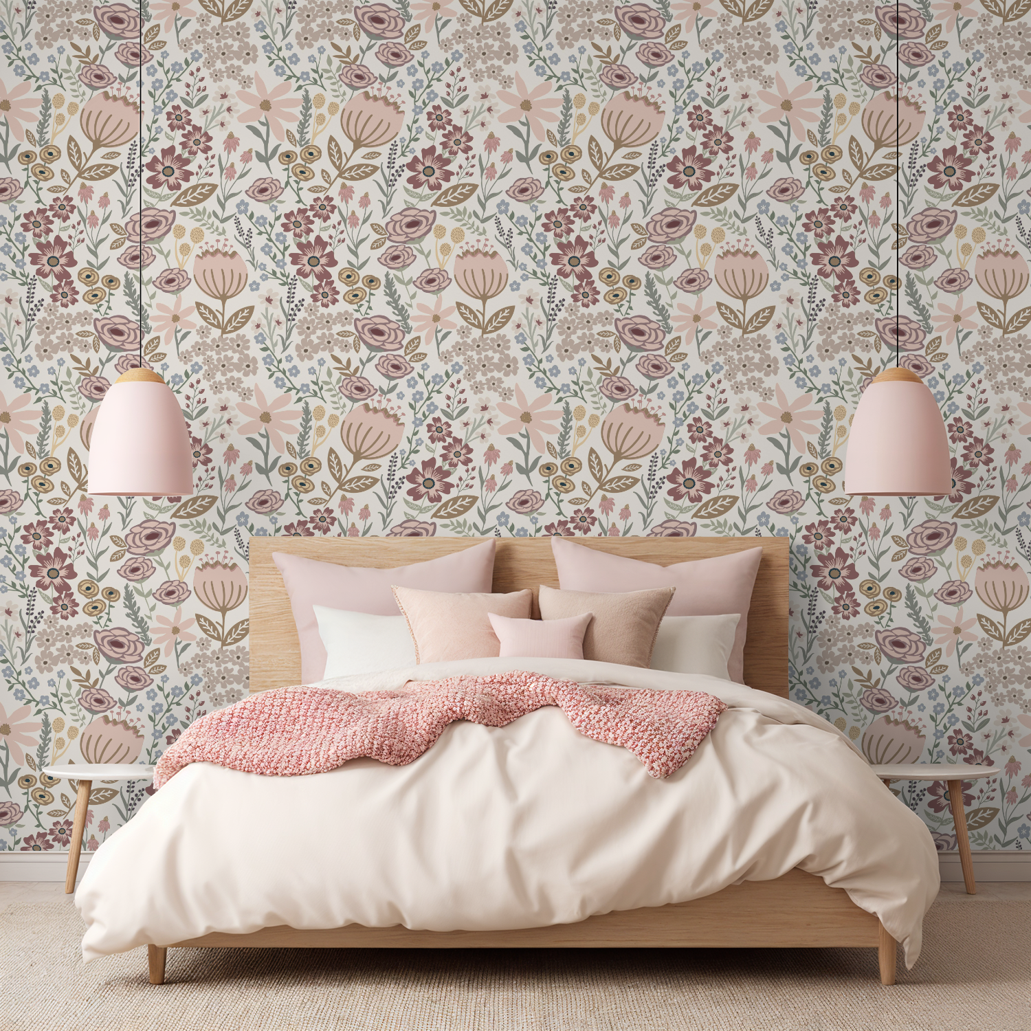 Bedroom with floral wallpaper, wooden bed, and pink accents