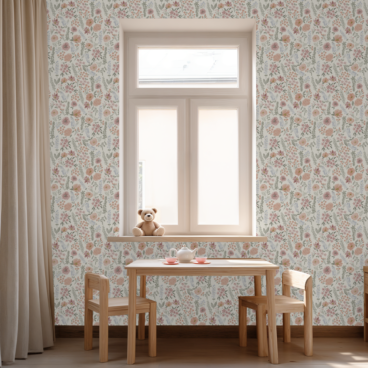 Children's room with floral wallpaper, wooden table and chairs, and a teddy bear on a windowsill.