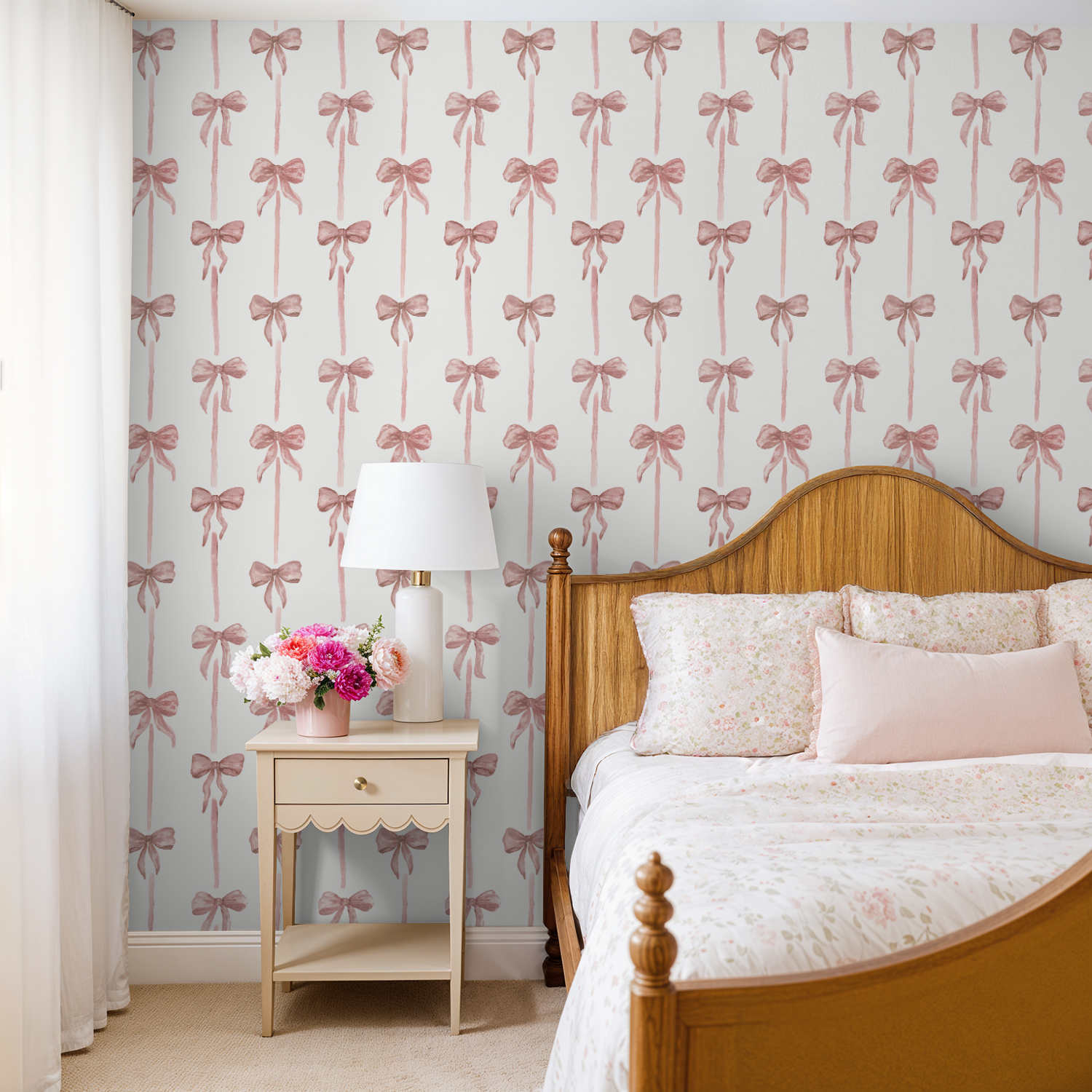 Bedroom with wooden bed, nightstand, and bow-patterned wallpaper