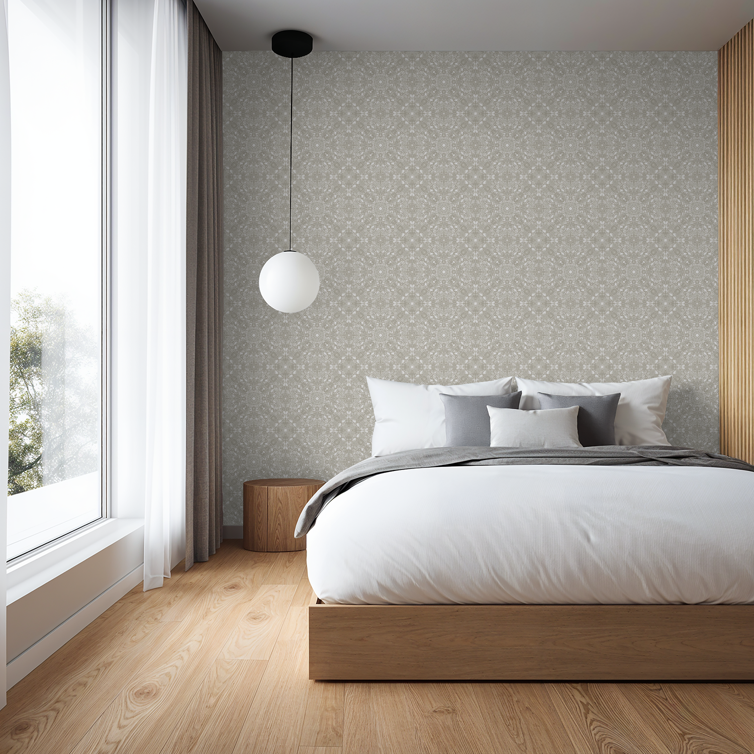 Delicate woodland lace hand drawn wallpaper in taupe and neutral tones shown in a Modern bedroom with wooden bed, patterned wallpaper, and pendant light.