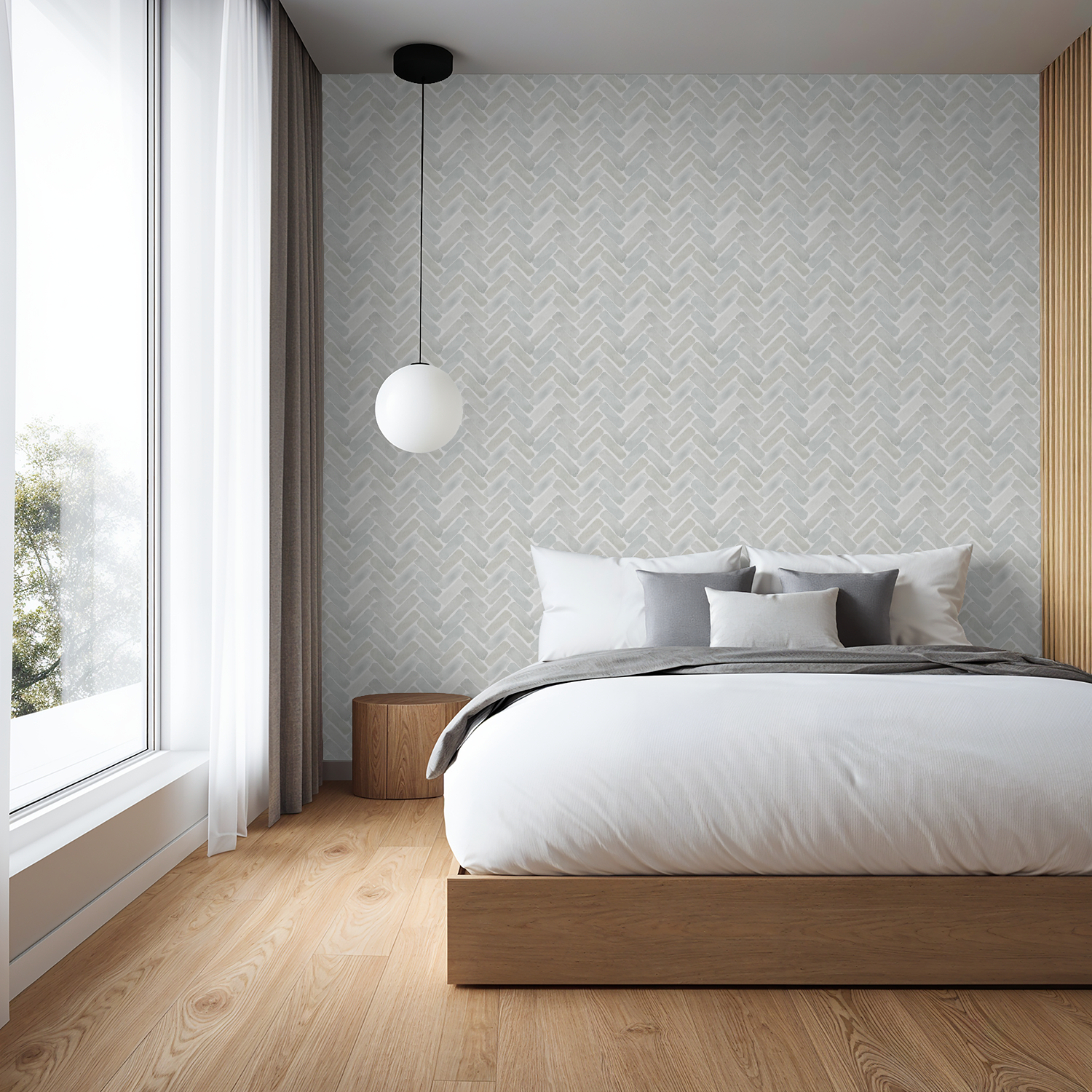 Neutral watercolor herringbone wallpaper in a modern bedroom with soft grey bedding, natural wood accents, and a large window with sheer curtains.