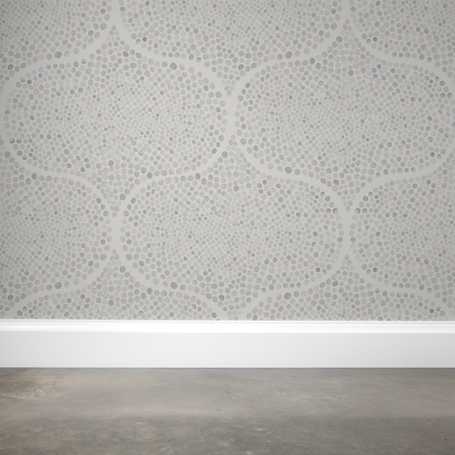Full wall view of the Modern Ogee Watercolor Dot Wallpaper, showing the repeating ogee tile pattern made of hand-painted watercolor dots in soft greys and warm neutrals.