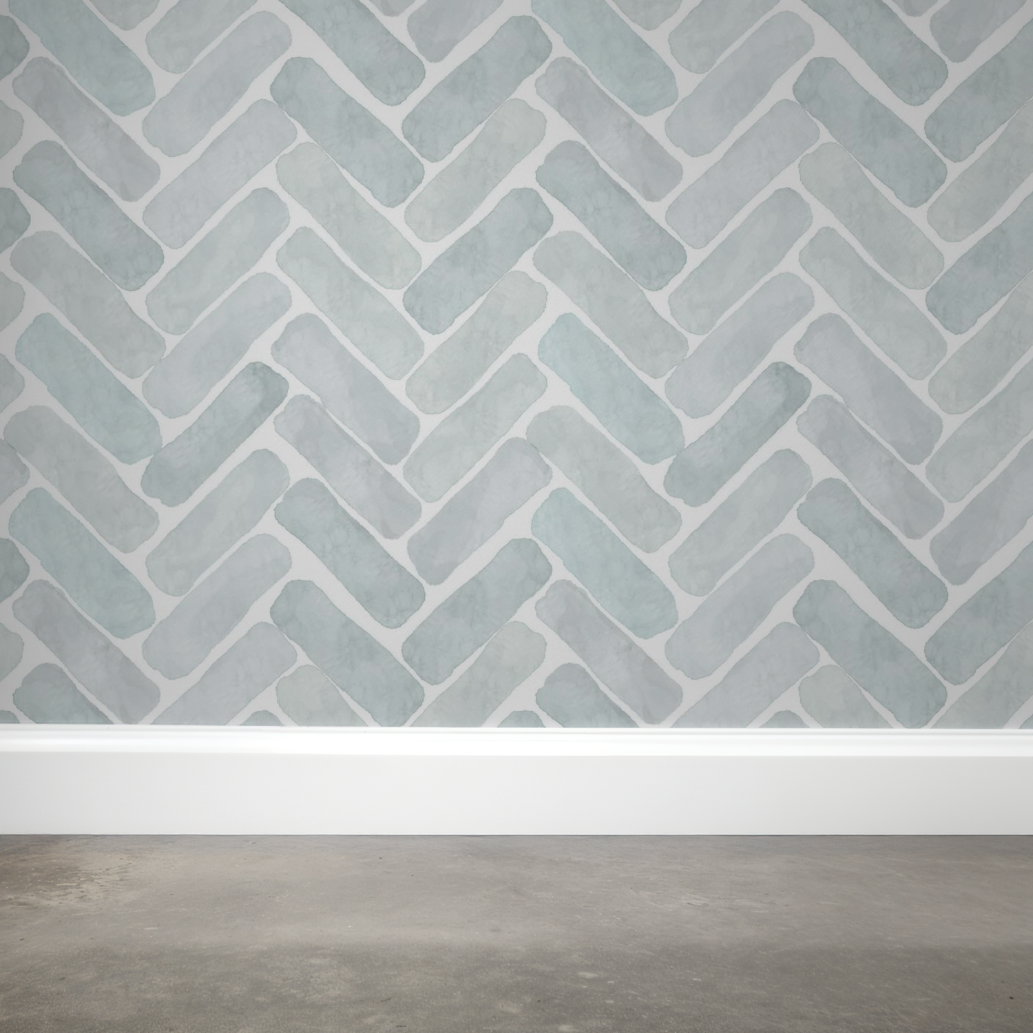 Wall with herringbone patterned wallpaper and a wooden floor.