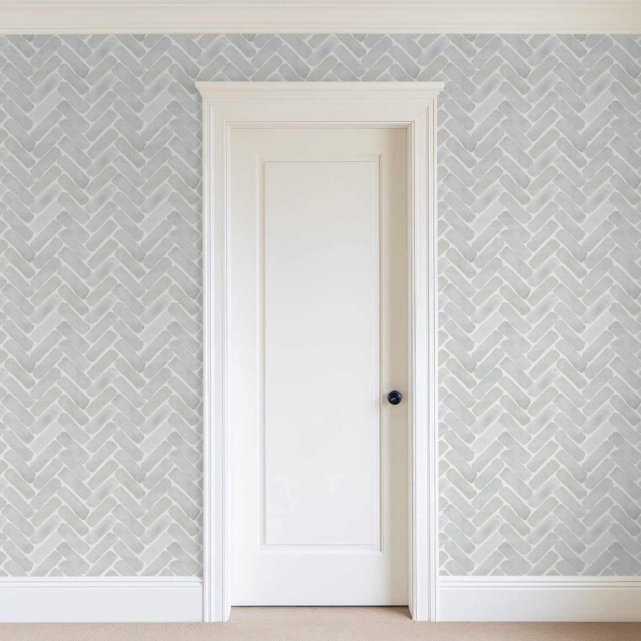 Neutral herringbone watercolor wallpaper surrounding a white interior door with classic trim and a soft, calming palette of taupe, greige, and blue tones.