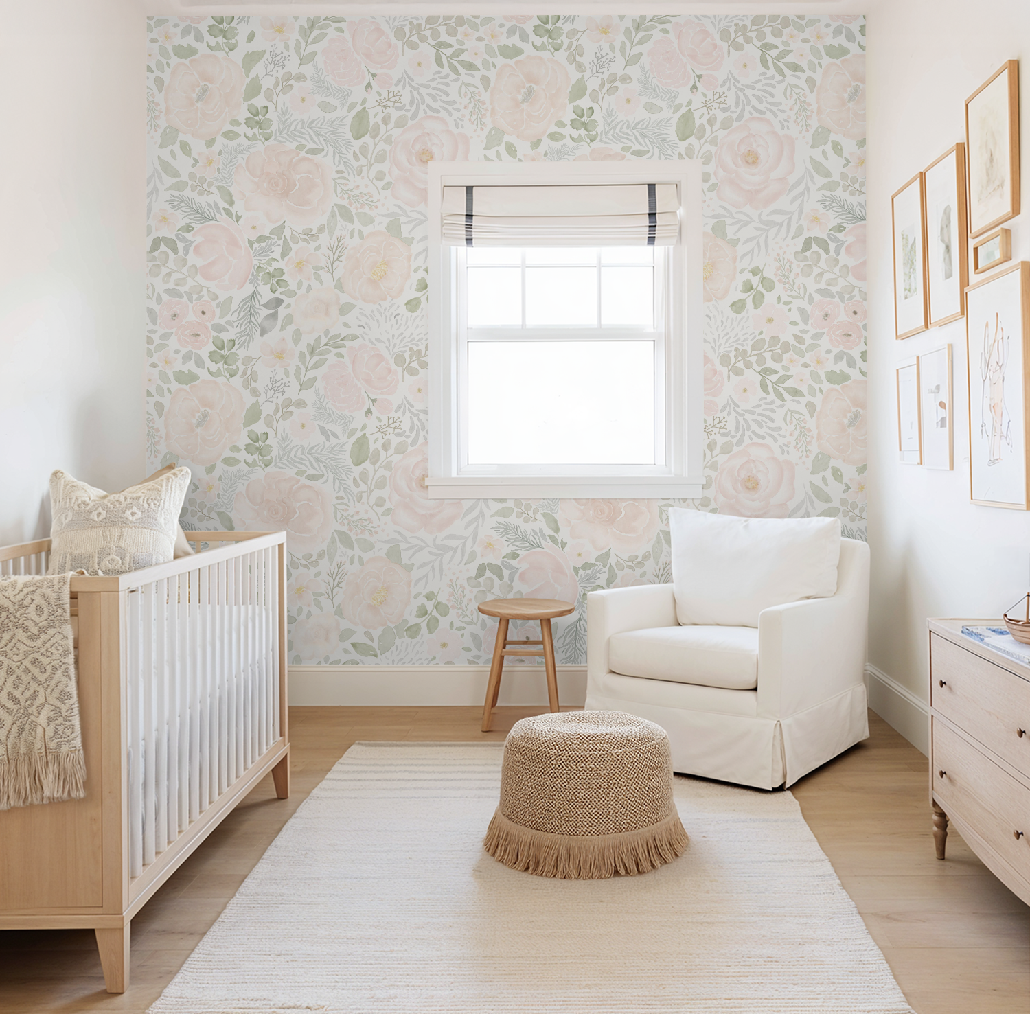 Nursery room with floral wallpaper, crib, chair, and ottoman.