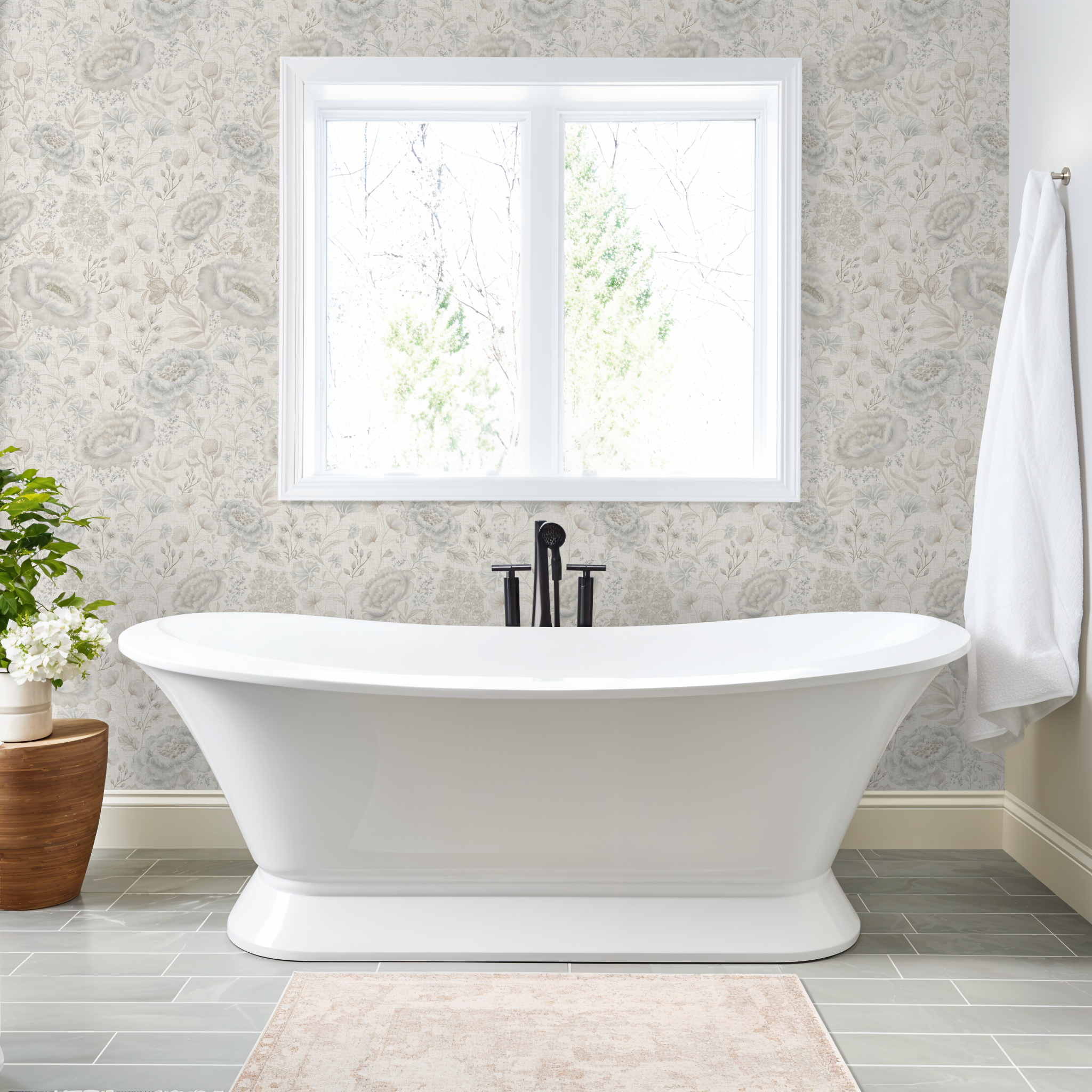 White freestanding bathtub in a bathroom with patterned wallpaper and a window.