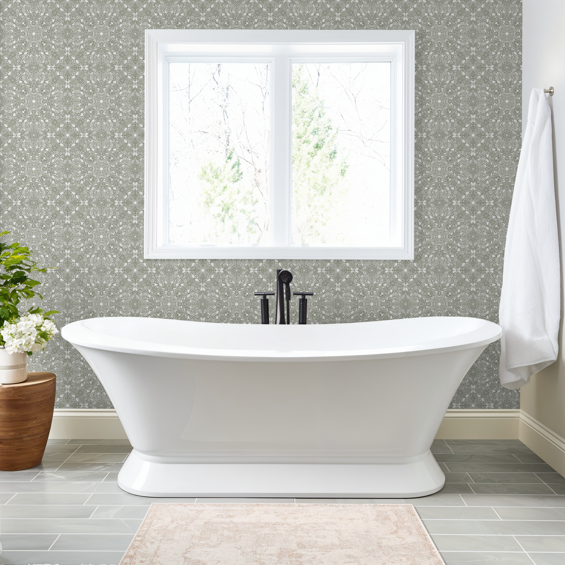 Bathroom with a freestanding bathtub, window, and decorative elements.