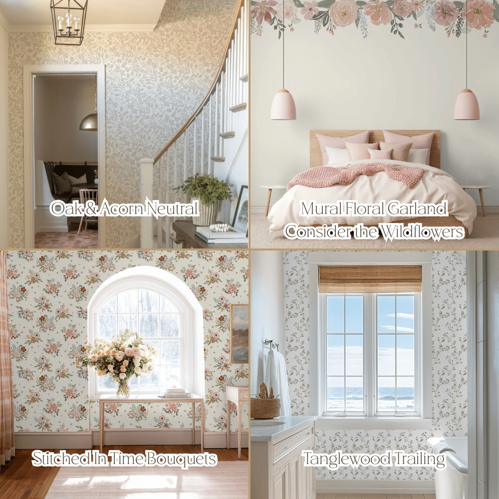 Collage of neutral and floral wallpaper designs featuring oak and acorn botanicals, soft wildflower garland murals, vintage bouquet patterns, and trailing vine florals — artist-drawn custom nursery décor and personalized wall art for elegant baby rooms and timeless kids’ spaces.