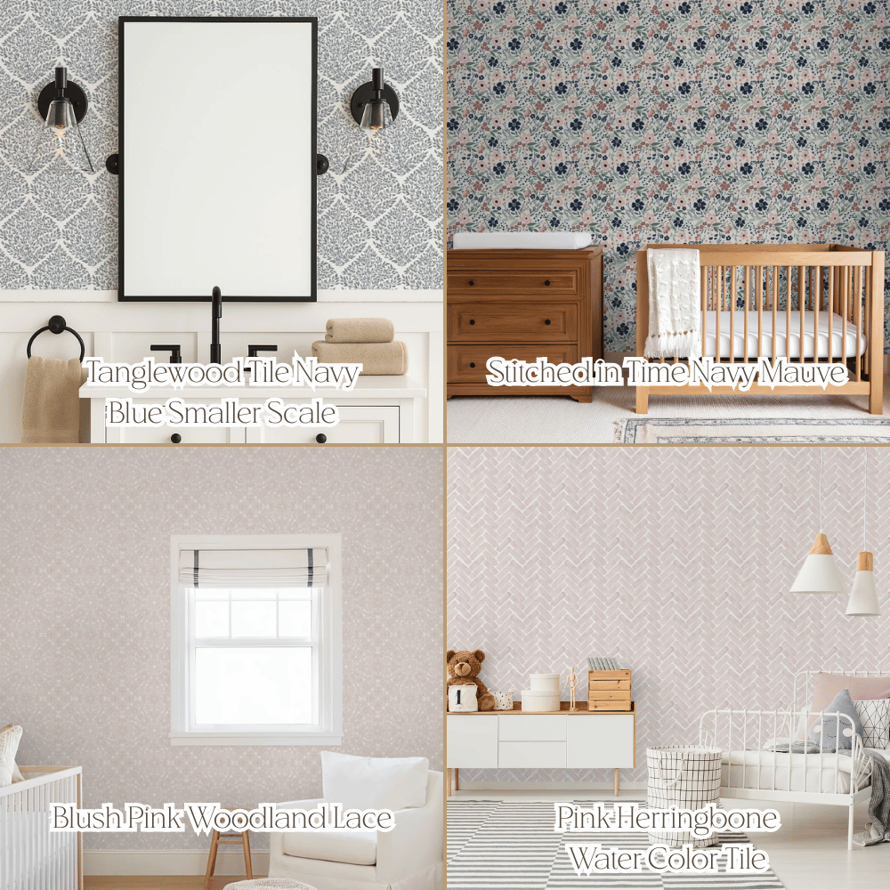 Collage of nursery and bathroom wallpaper designs featuring navy tanglewood tile, stitched floral in navy mauve, blush woodland lace, and pink watercolor herringbone — artist-drawn custom nursery décor and personalized wall art for elegant baby rooms, girls’ nurseries, and timeless kids’ spaces.