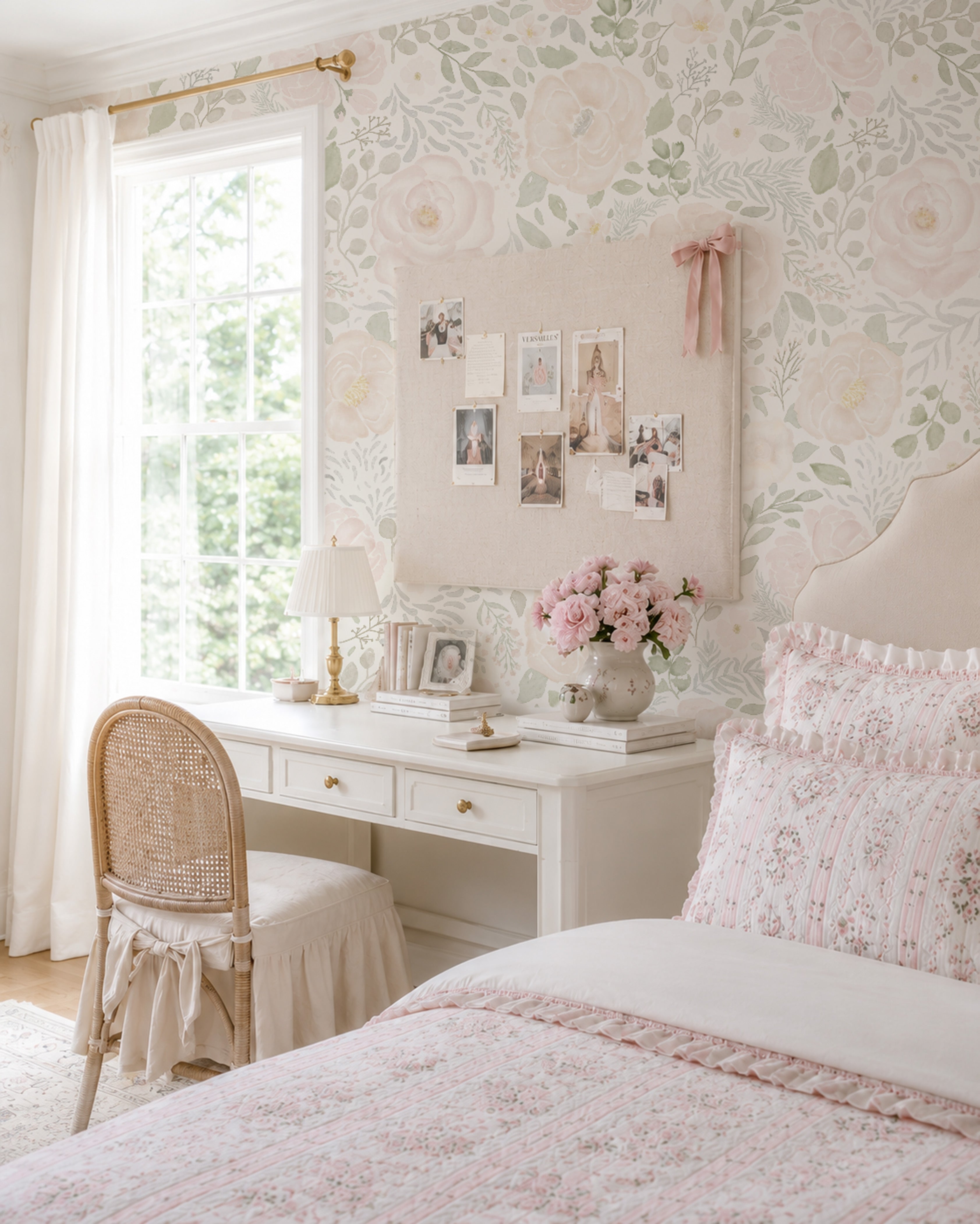 A beautifully styled bedroom featuring a white writing desk with a wicker chair, a bed with pink floral bedding, and a corkboard on the wall decorated with photos and a pink bow. The room is decorated with light pink and white floral wallpaper, sheer white curtains, and a window looking out onto green trees.