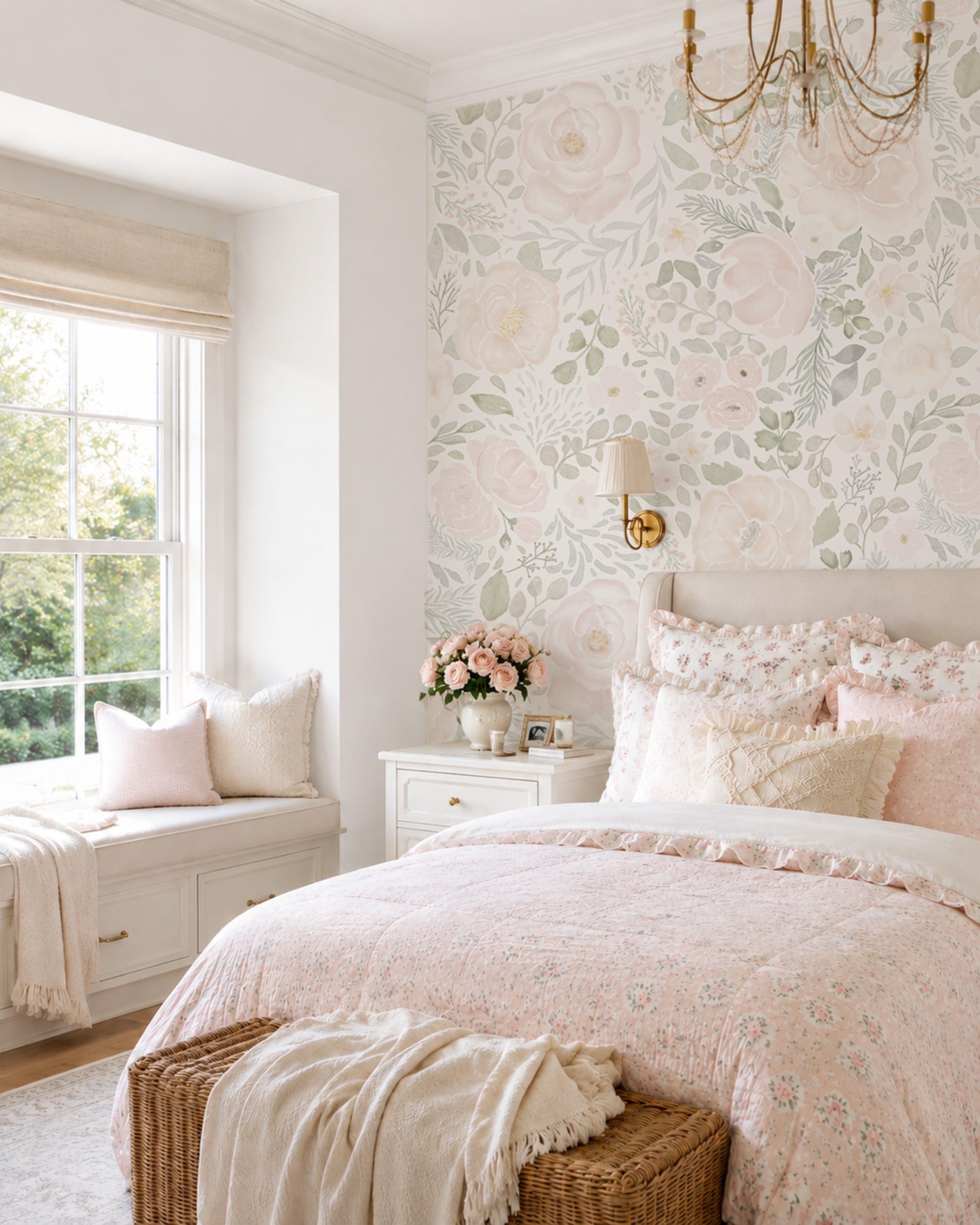 A beautifully styled bedroom featuring a light pink and white floral patterned wallpaper on the accent wall, a bed with matching pink bedding, a window seat with pillows, and a wicker bench with a cream throw blanket at the foot of the bed.