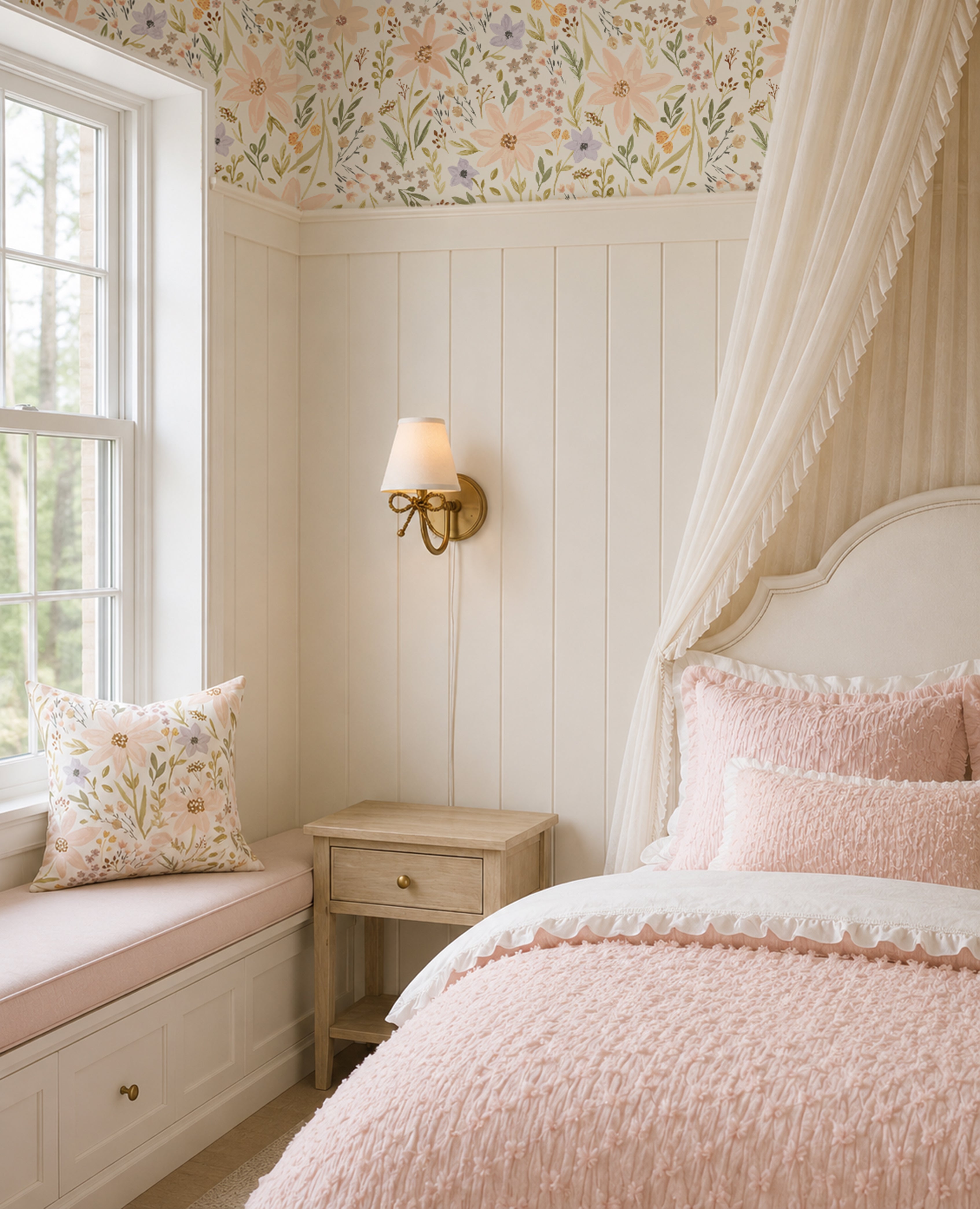 A beautifully styled bedroom corner featuring a canopy bed with blush pink textured bedding, a matching floral accent pillow on a built-in window seat, a light wood nightstand, and a brass wall sconce. The room is decorated with white paneled walls, a floral wallpaper bfeaturing painterly daisies.