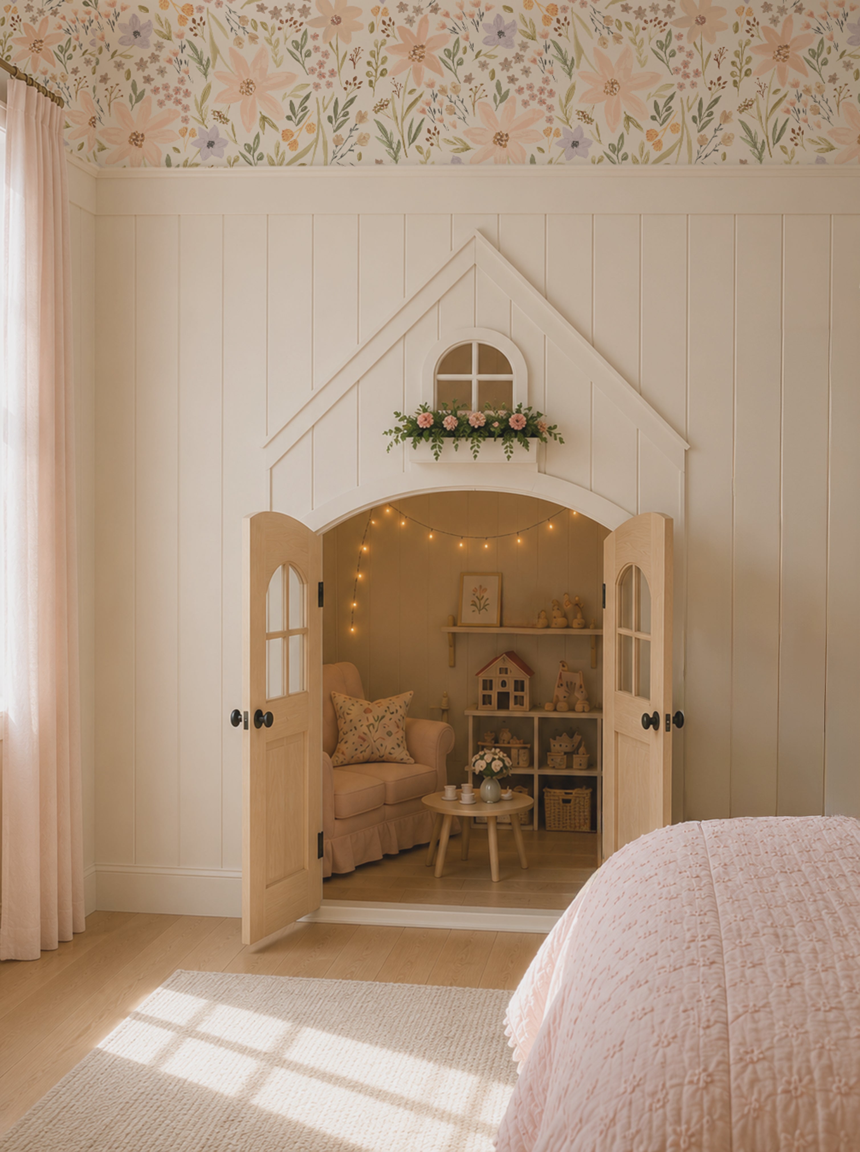 A cozy children's bedroom featuring a small house-shaped playroom opening in the wall paneling with light wood doors, a floral  daisy dreams wallpaper , and a soft blush pink quilt in the foreground.