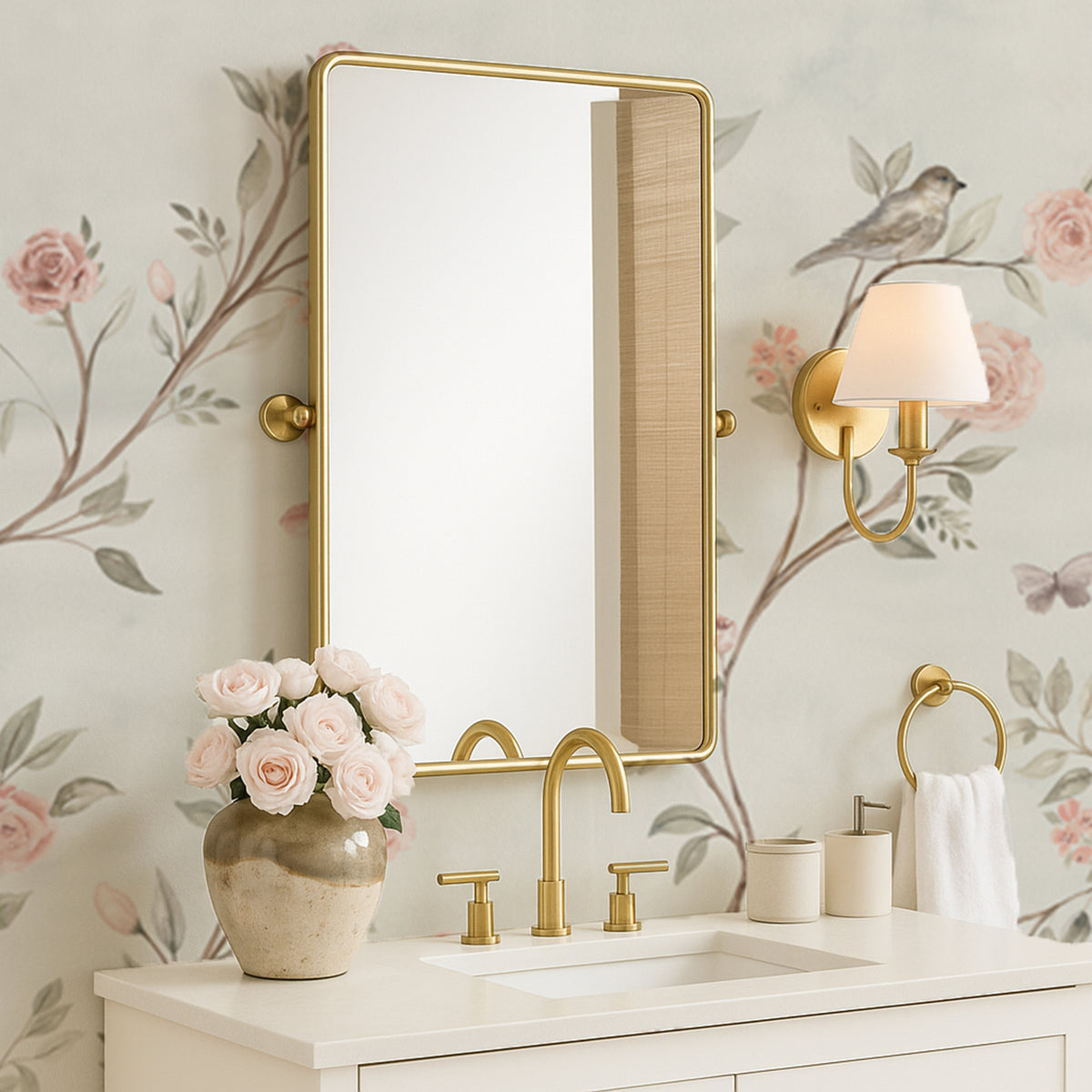 A rectangular wall-mounted mirror with a brushed gold frame hangs above a white vanity with a matching gold faucet and fixtures. The scene is styled with floral wallpaper, a vase of pink roses, a wall sconce, a towel ring, and a folded towel.
