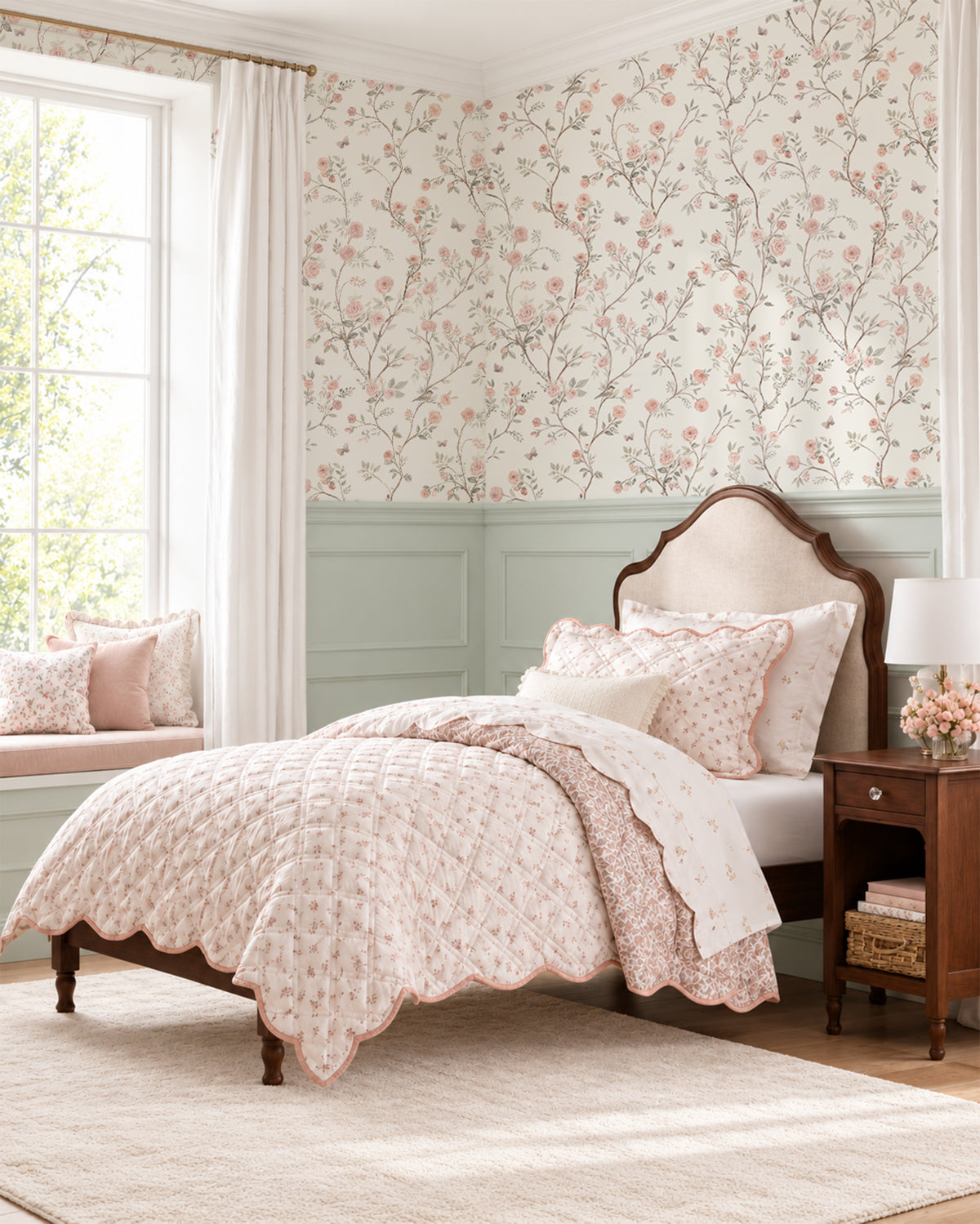 Aurora trailing pink rose floral wallpaper above soft sage green wainscoting in a girls' bedroom with a wood bed and blush bedding.