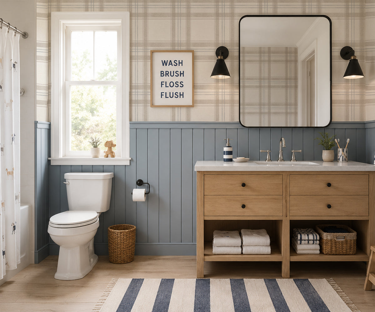 London Plaid wallpaper in a boys bathroom with blue-grey wainscoting, a natural wood vanity and classic black accents