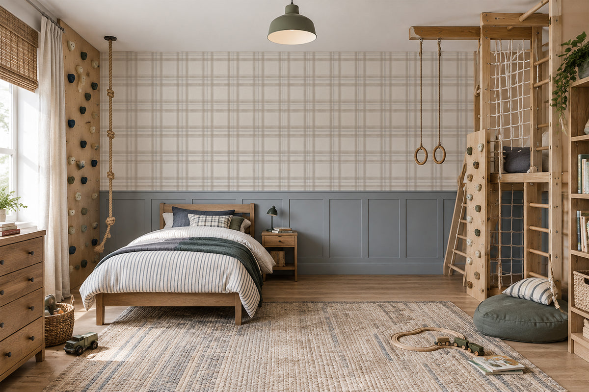 London Plaid wallpaper in a boys playroom and bedroom with grey wainscoting, warm wood furniture and indoor climbing features
