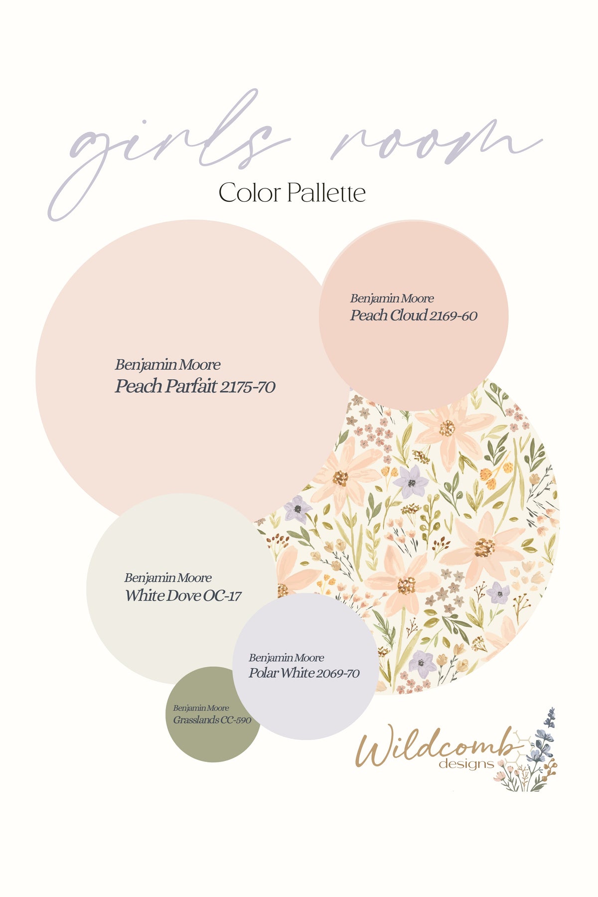 A color palette graphic for a girls' room design by Wildcomb Designs, featuring Benjamin Moore Paint Colors in soft blush, peach, white, sage green, and floral multicolor swatches with text labels on a cream background.