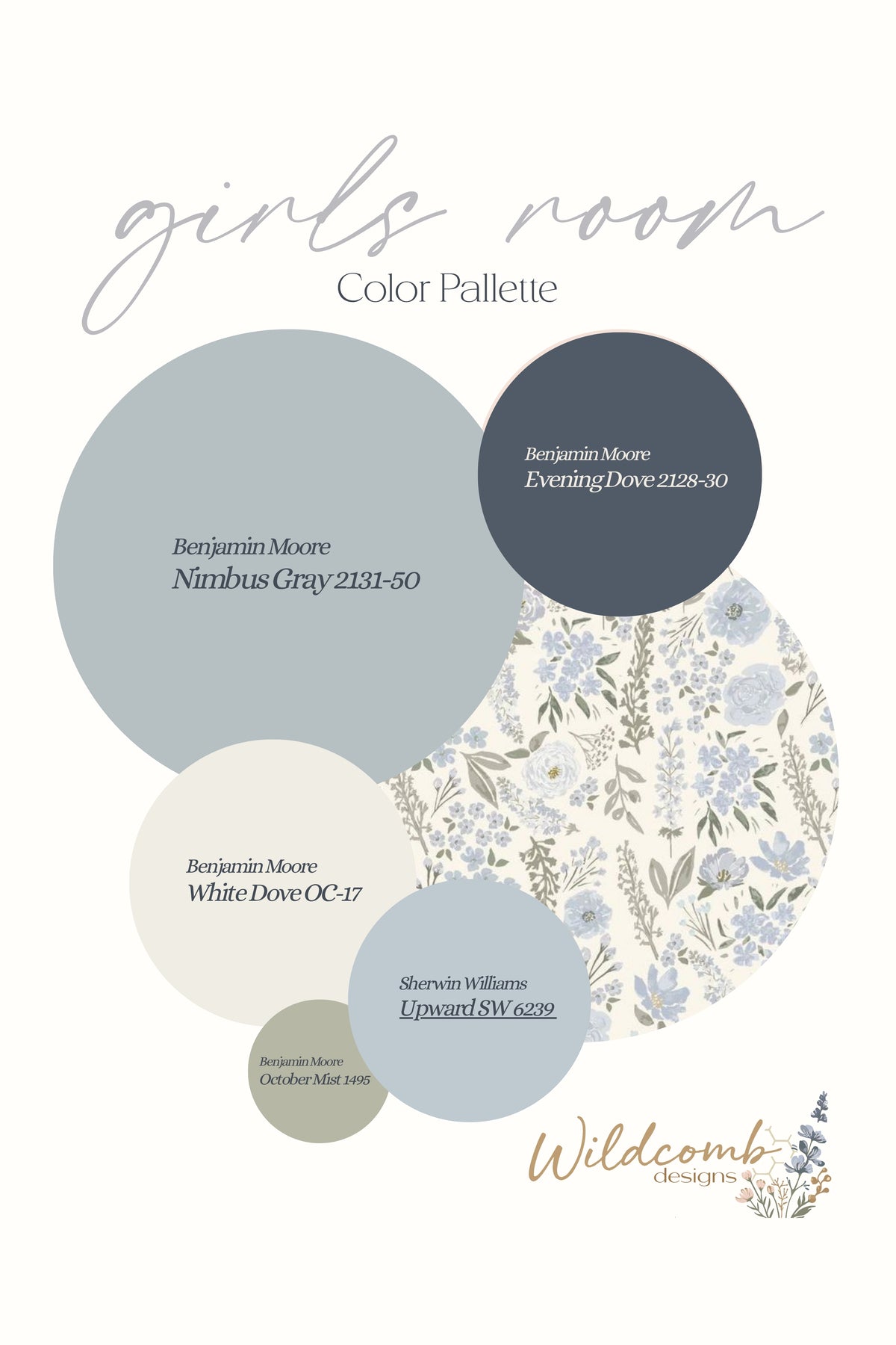 A color palette graphic for a blue floral girls room, featuring overlapping circles with floral and neutral designs and text labels for Benjamin Moore and Sherwin Williams colors, with Wildcomb Designs branding at the bottom.