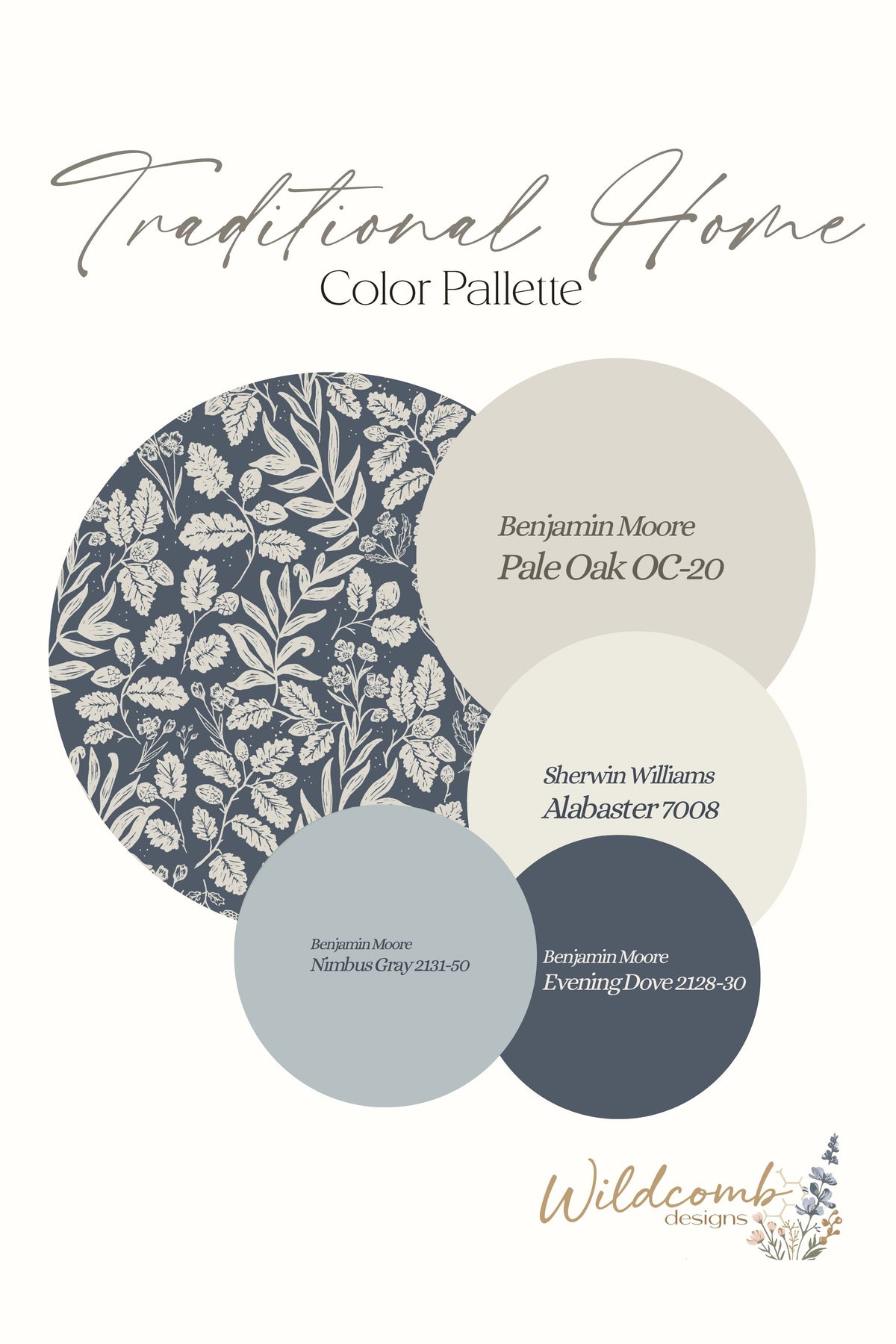 A digital color palette graphic titled 'Traditional Home Color Palette' on a cream background. It features five circular color swatches with floral and solid patterns, labeled with names and codes such as Benjamin Moore Pale Oak OC-20, Sherwin Williams Aldraster 7008, Benjamin Moore Evening Dove 2239-30, and Nibulan Gray 2239-30.