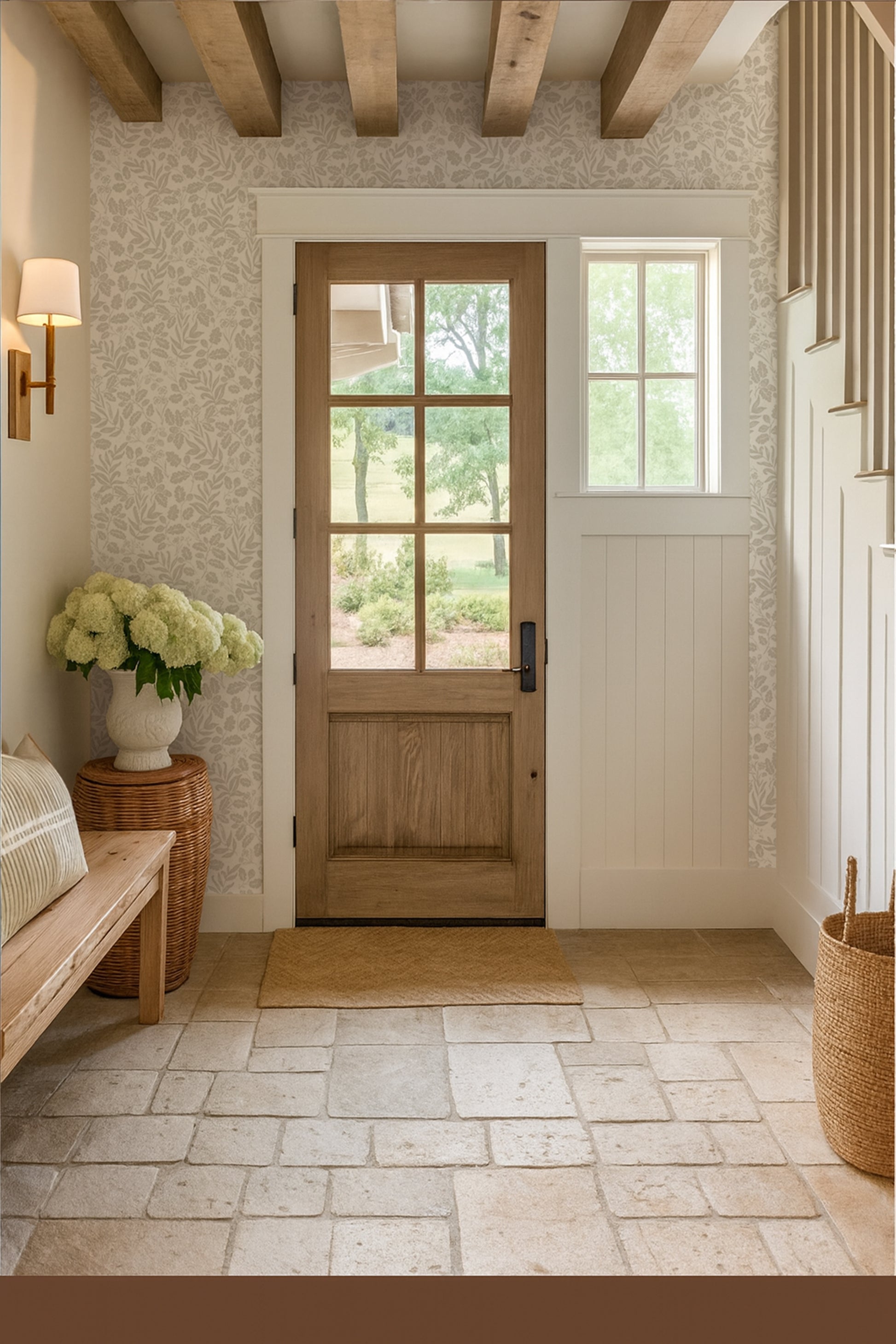 Neutral oak-leaf and acorn wallpaper surrounding a wood front door with sidelights, stone flooring, and woven natural accents.
