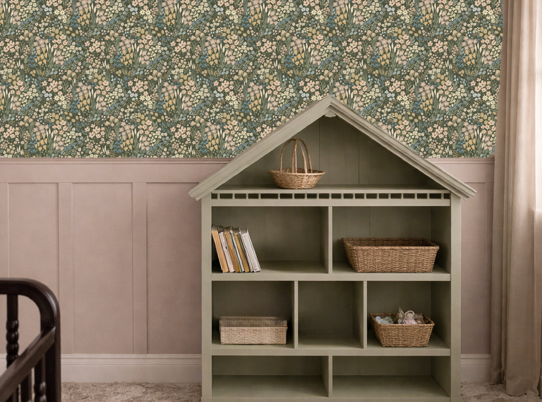 Children's bookshelf with wicker baskets against a Meadowlark Floral Field wallpaper.