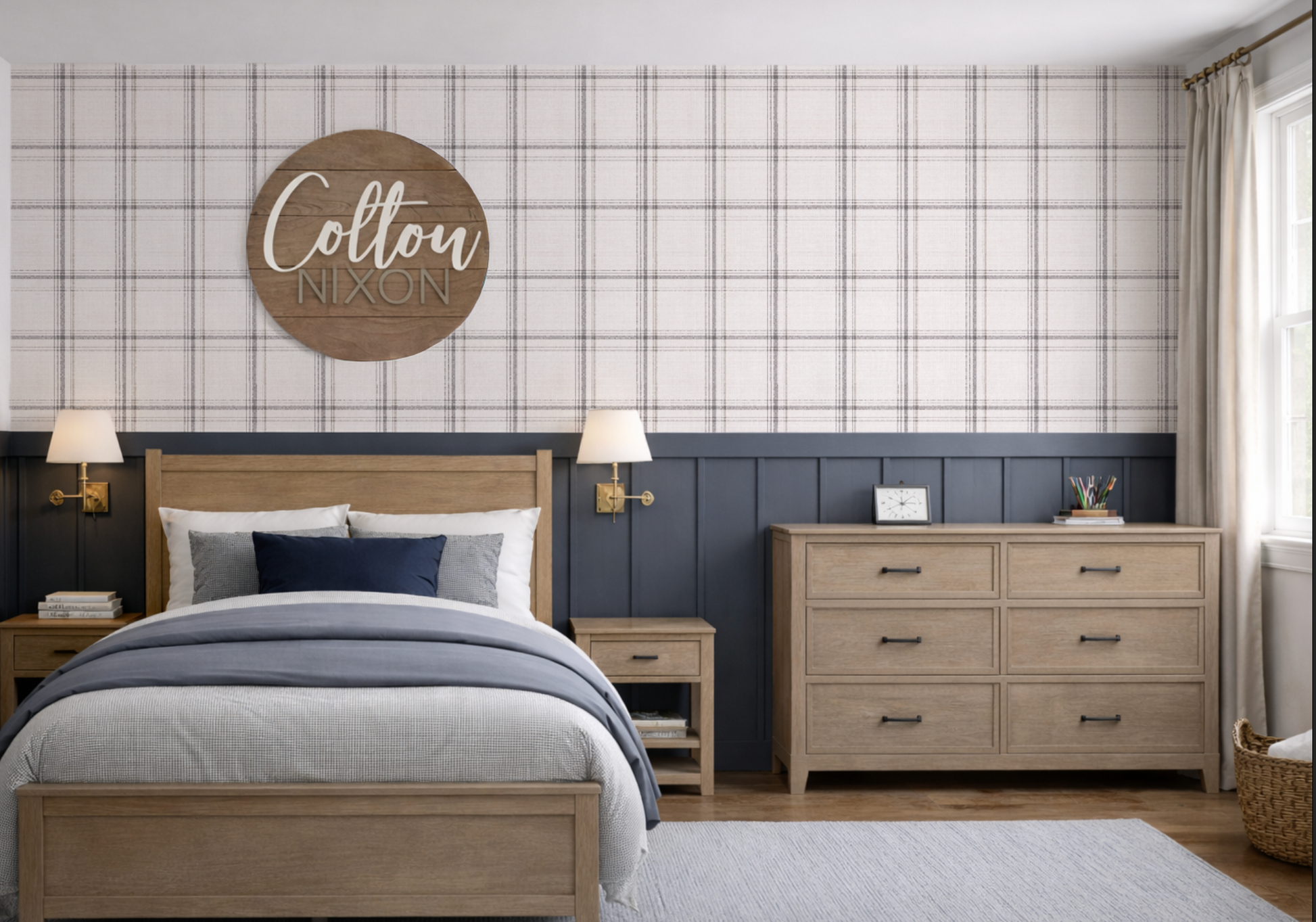 Neutral plaid wallpaper in a bedroom with soft beige tones, styled with wood furniture and modern farmhouse decor.