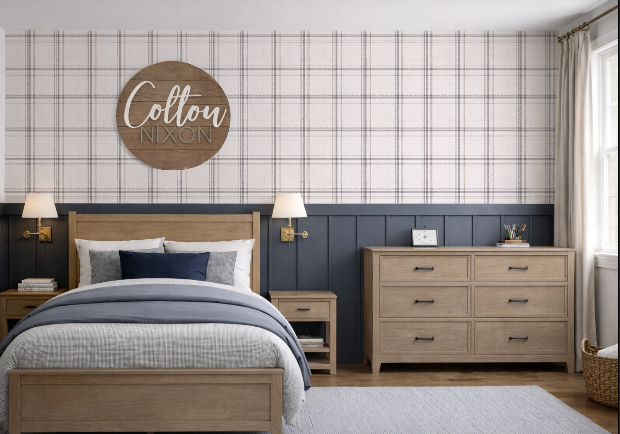Neutral plaid wallpaper in a bedroom with soft beige tones, styled with wood furniture and modern farmhouse decor.