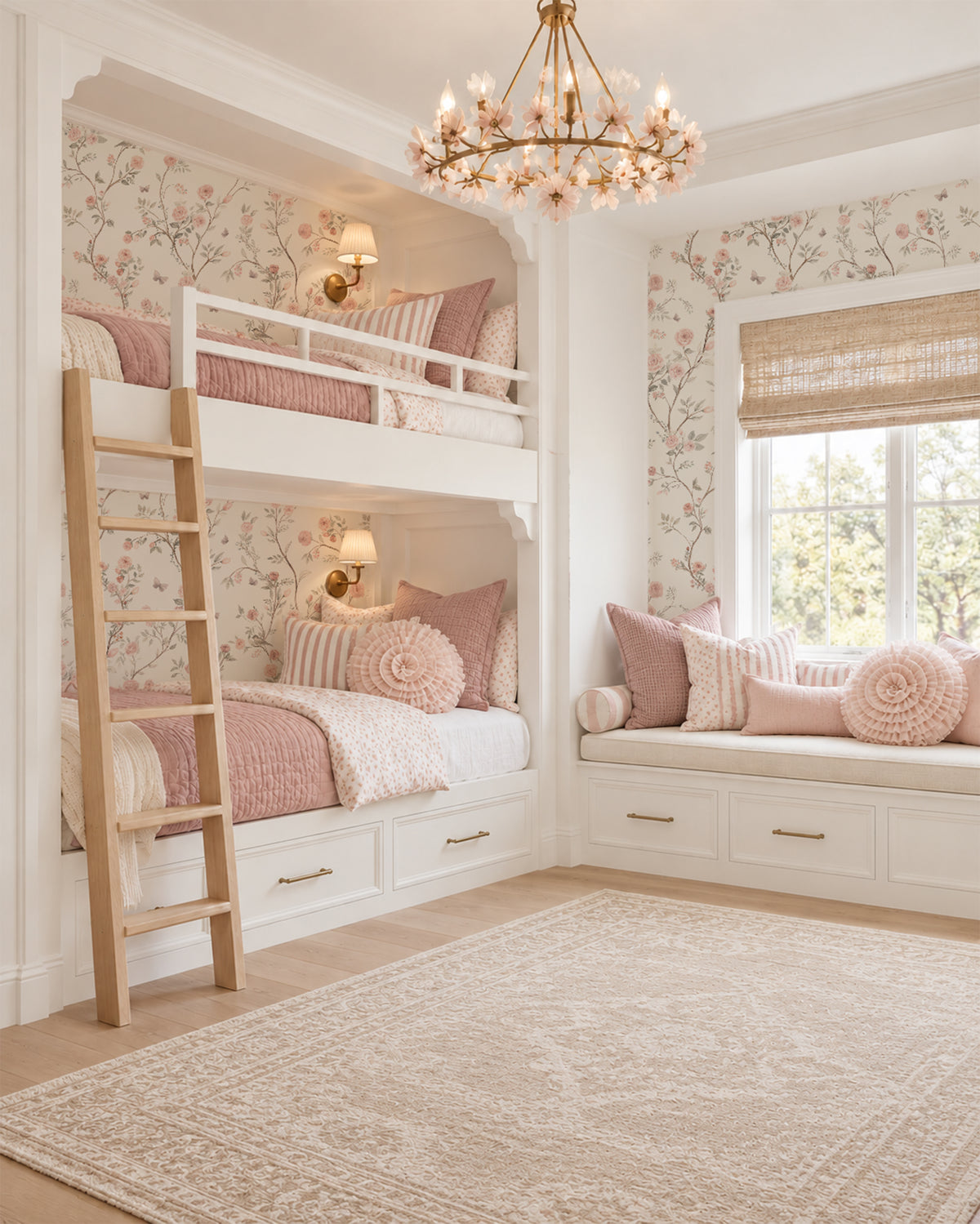 Aurora trailing pink rose wallpaper in a girls' bunk bedroom with built-in white bunk beds, blush bedding and a cozy window seat.