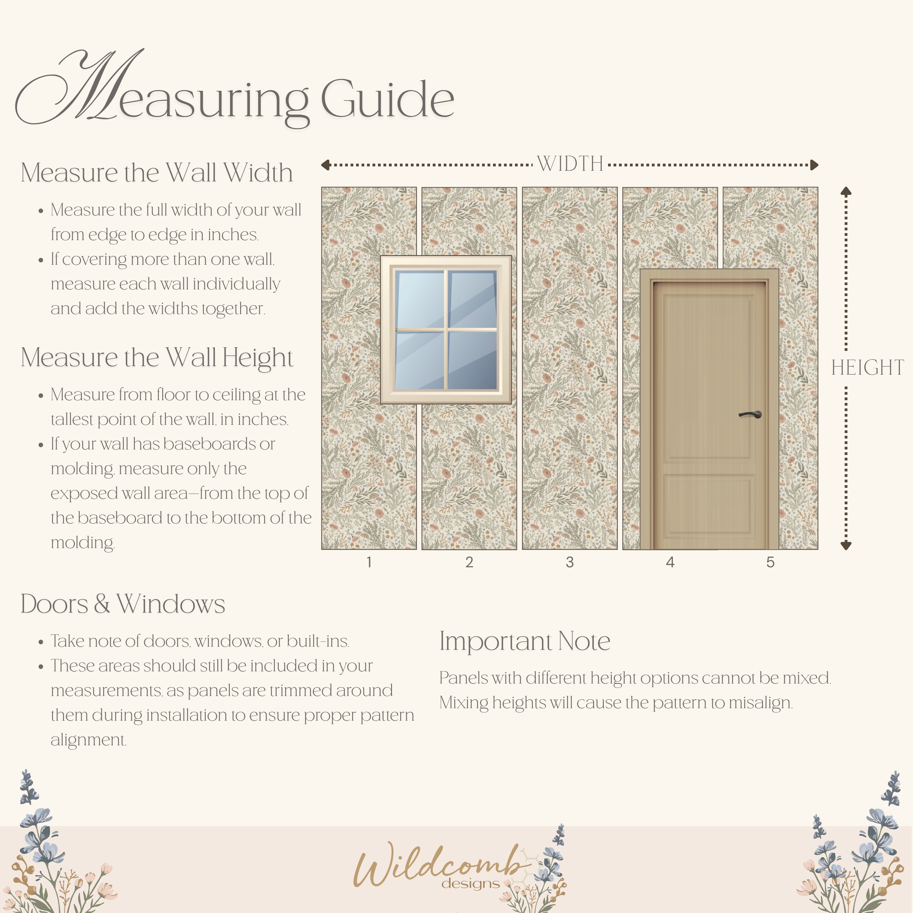 Measuring guide for wallpaper panels showing how to measure wall width and height, including windows and doors, for accurate Wildcomb Designs wallpaper installation.