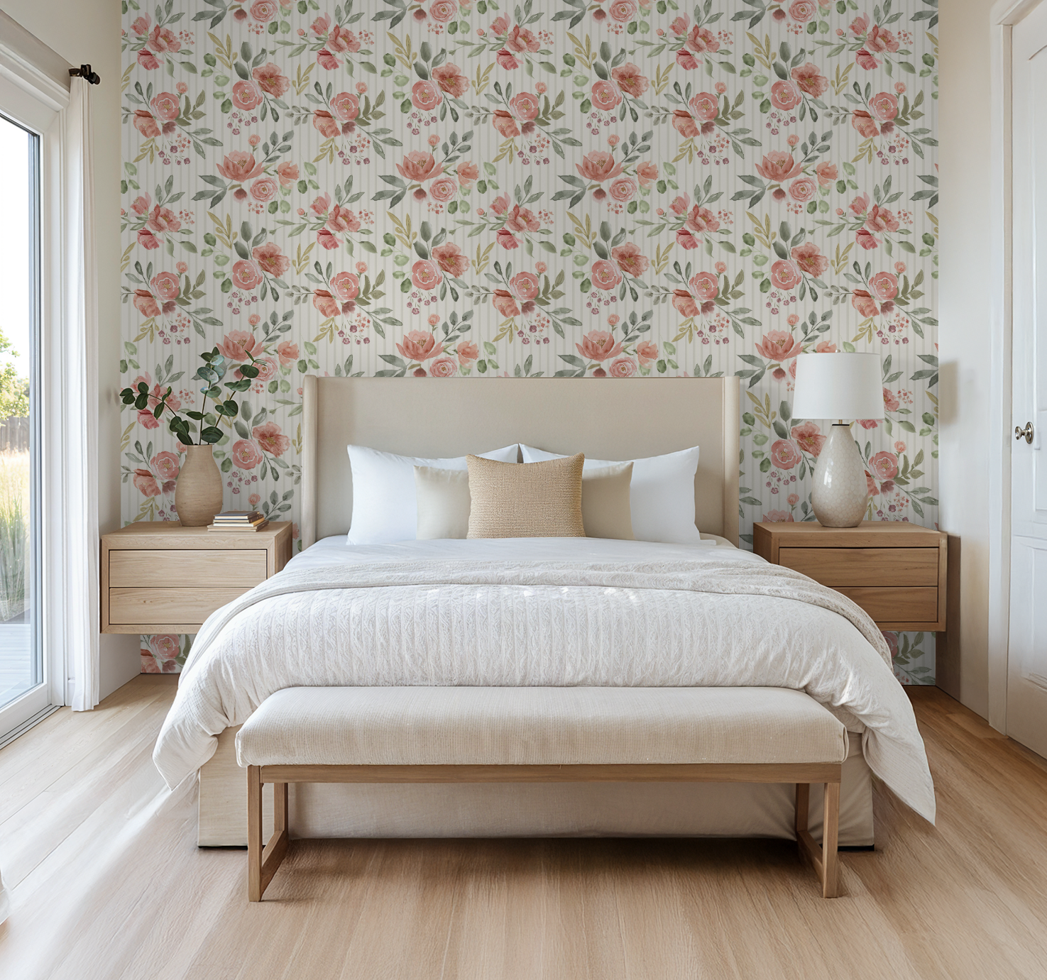 Bedroom with floral wallpaper, bed, and nightstands.