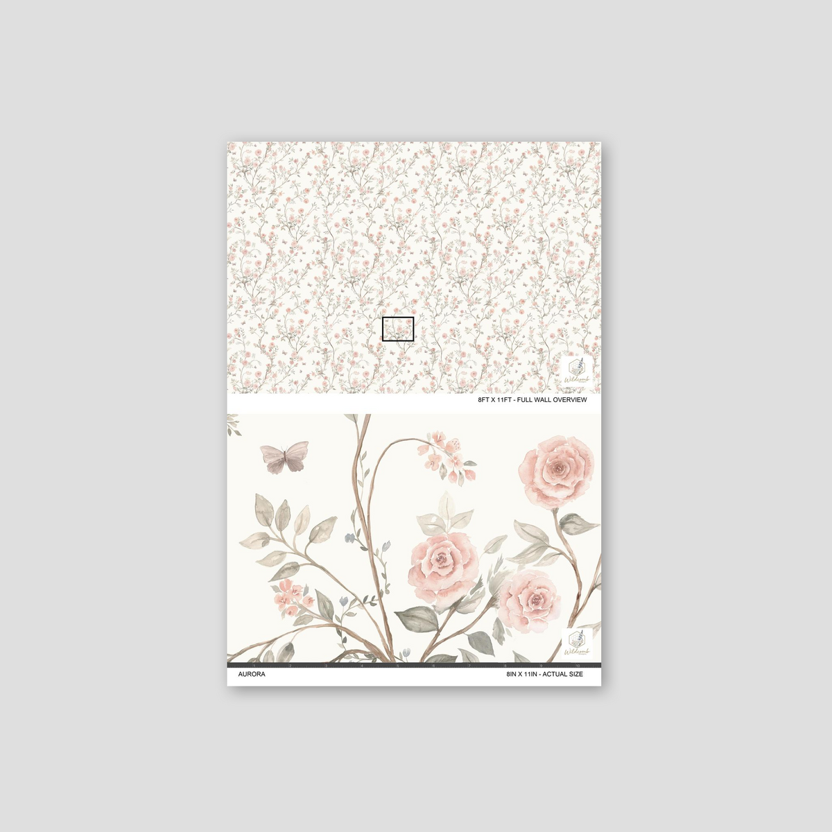 Aurora wallpaper scale guide showing the full repeating rose vine pattern and close-up of watercolour flowers.