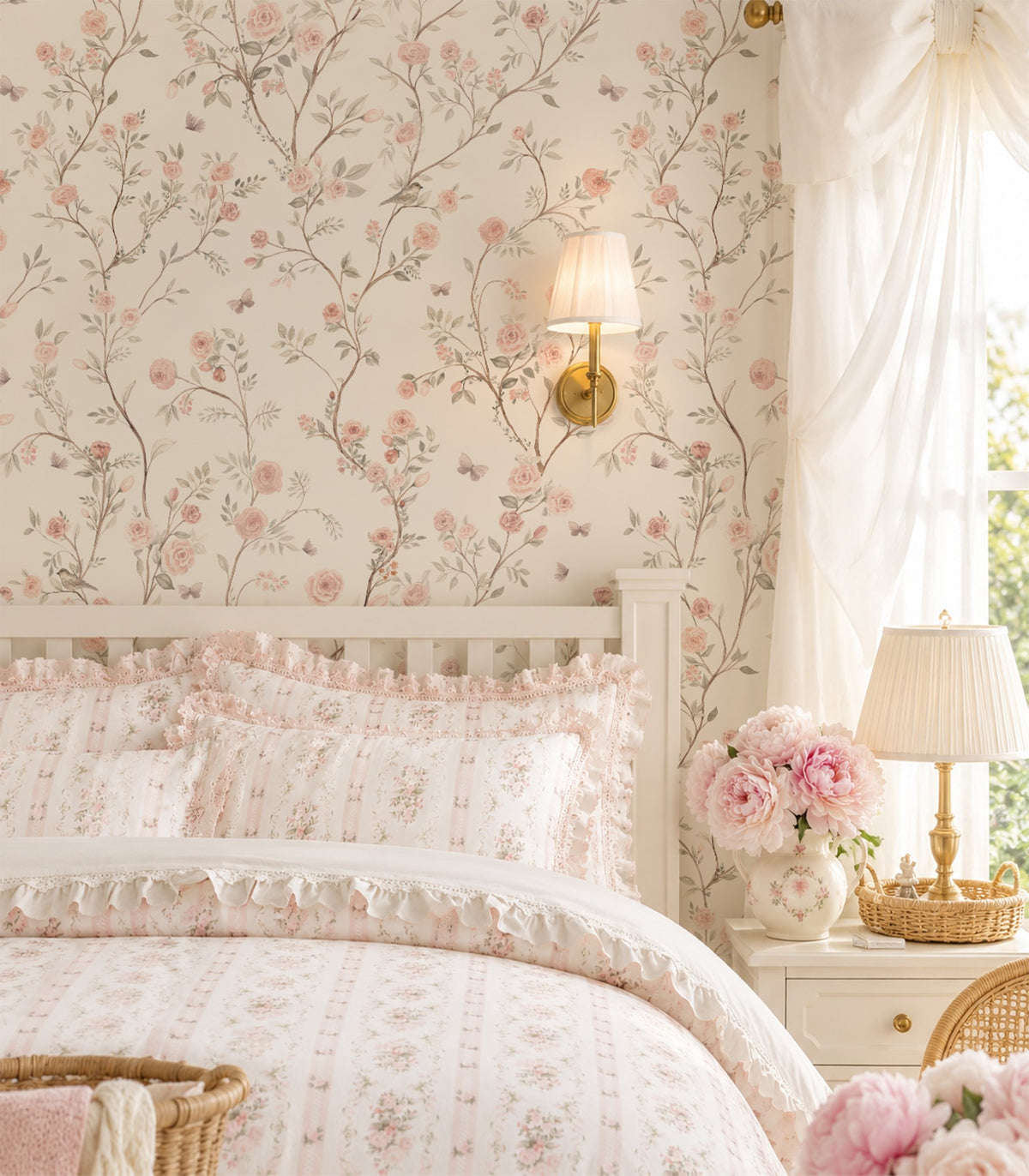 Close-up of Aurora pink rose wallpaper with delicate trailing branches behind a white bed and floral bedding.