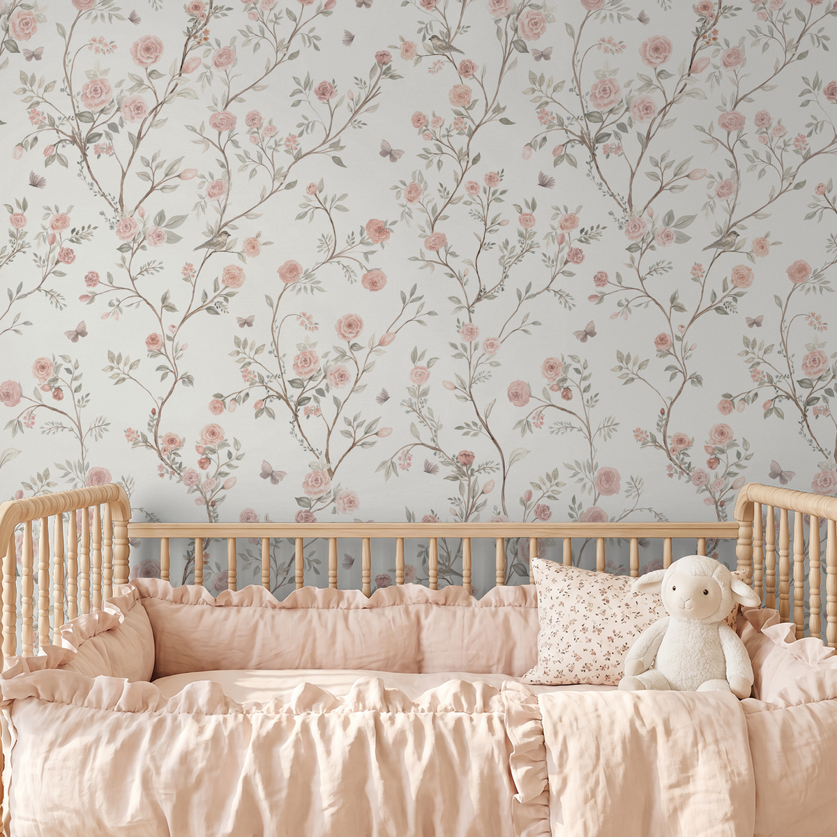 Aurora botanical wallpaper with blush roses, winding vines and butterflies above a wooden nursery crib.