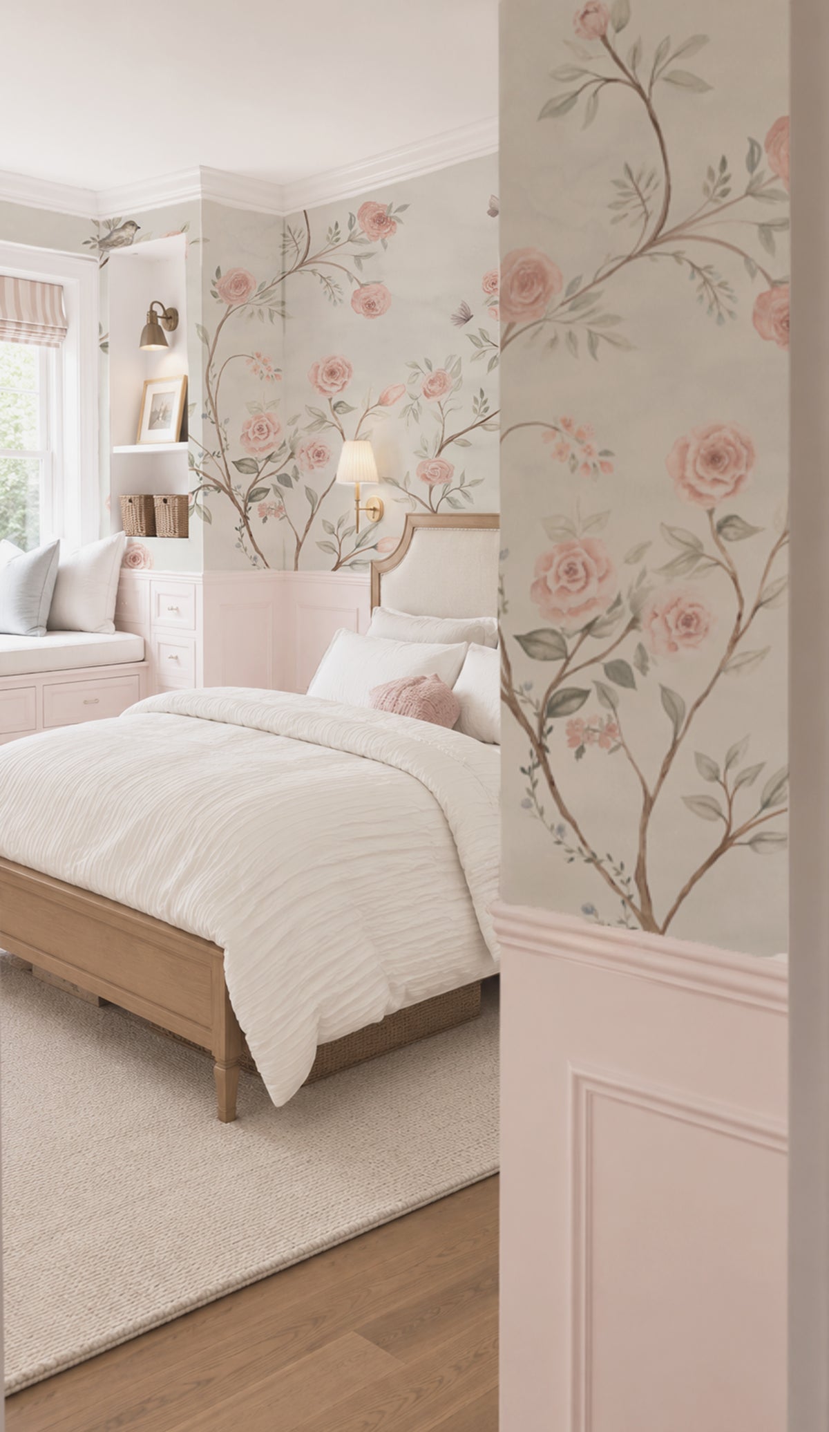 A styled bedroom interior featuring floral wallpaper with pink roses and green leaves on a light greige background, paired with a light wood bed, white bedding, and soft pink millwork paneling walls.