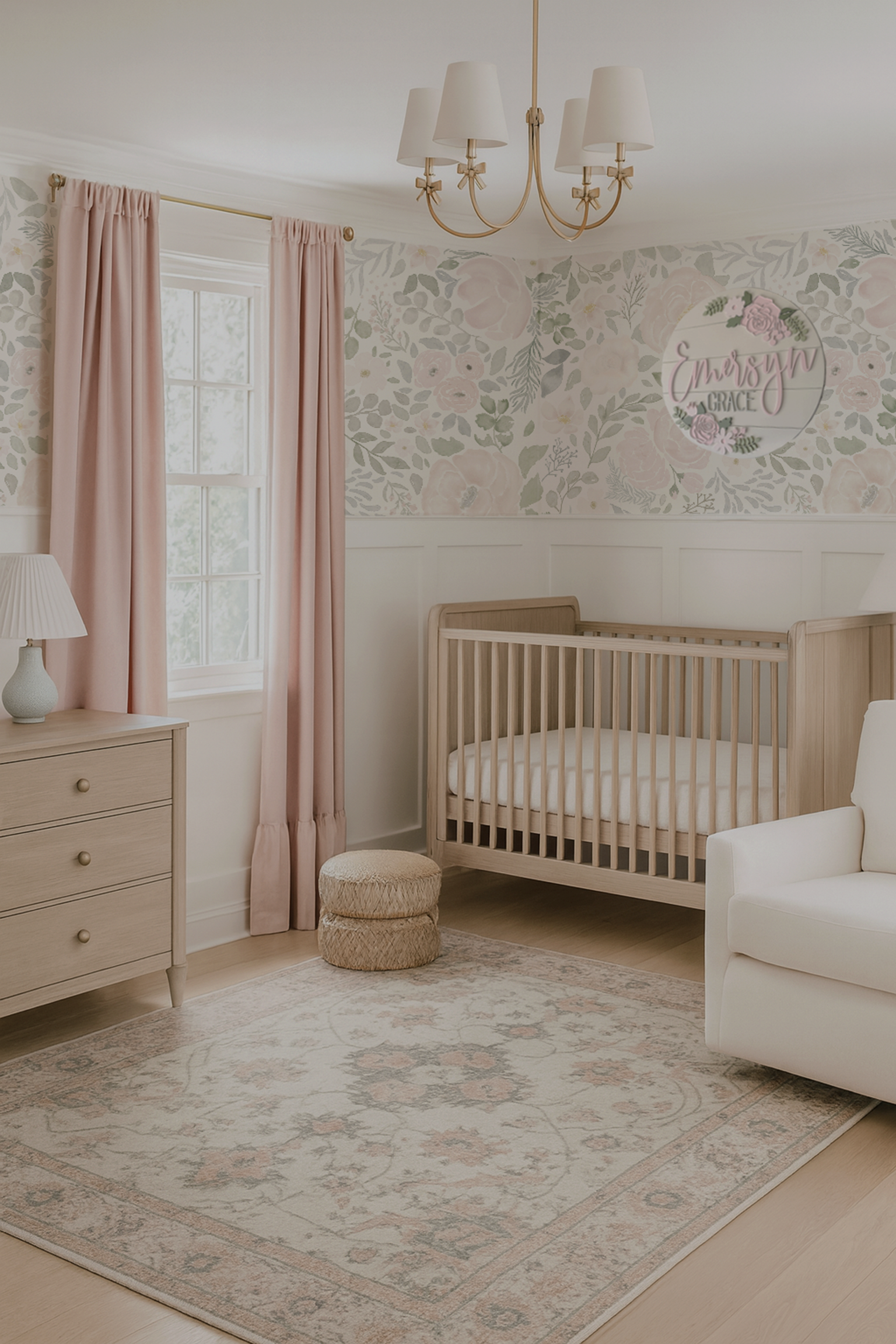 Pink floral nursery wallpaper in blush and sage tones above board and batten, styled in a baby girl nursery with wooden crib and soft pink curtains.