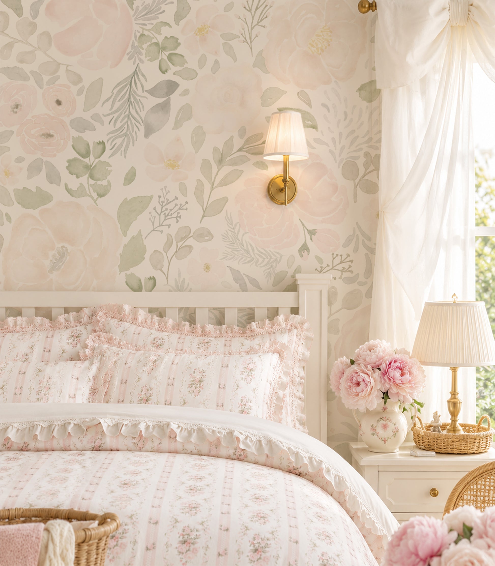 A beautifully styled bedroom featuring floral wallpaper with large pale pink flowers and green leaves, matching pink and white patterned bedding, a white headboard, a bedside table with a lamp and vase of pink flowers, and sheer white curtains.