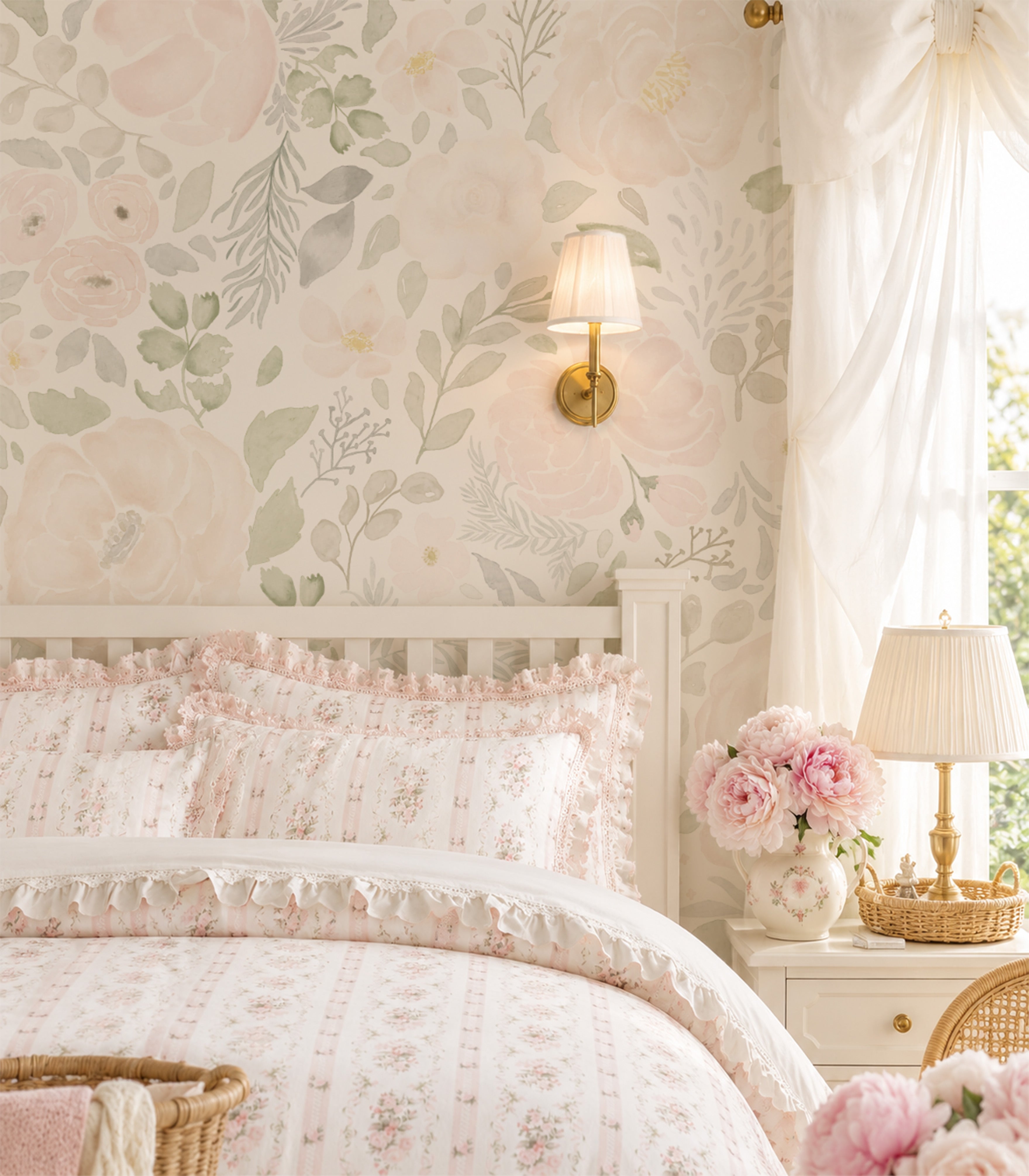 A beautifully styled bedroom featuring floral wallpaper with large pale pink flowers and green leaves, matching pink and white patterned bedding, a white headboard, a bedside table with a lamp and vase of pink flowers, and sheer white curtains.