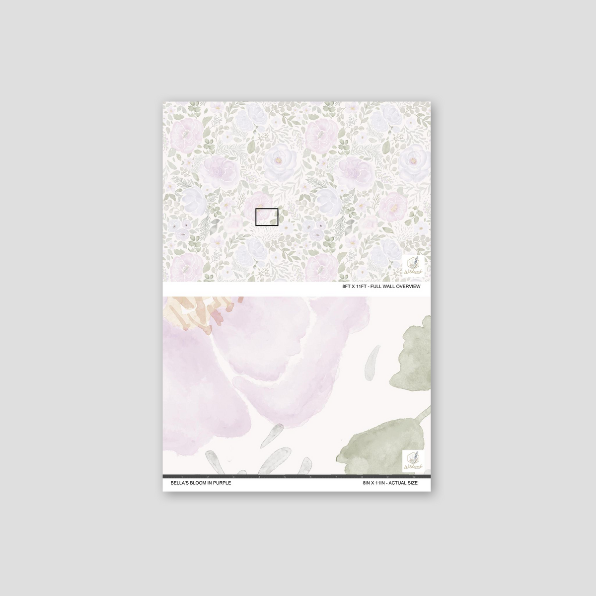 Bella's Bloom in Purple wallpaper with watercolor flowers in lavender, blue, and green on a sample sheet.