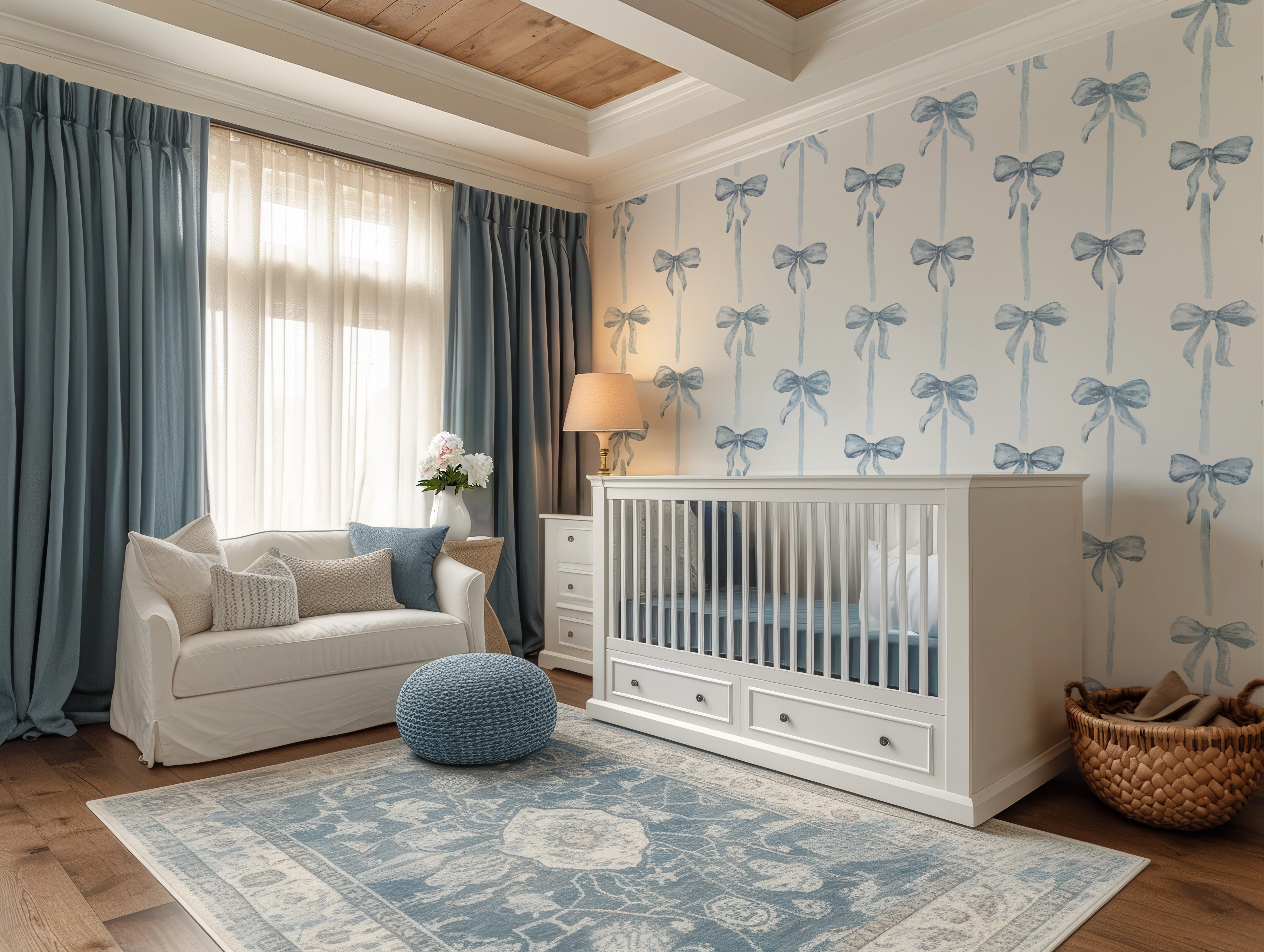 Nursery room with white crib, sofa, and decorative wallpaper featuring blue bows.