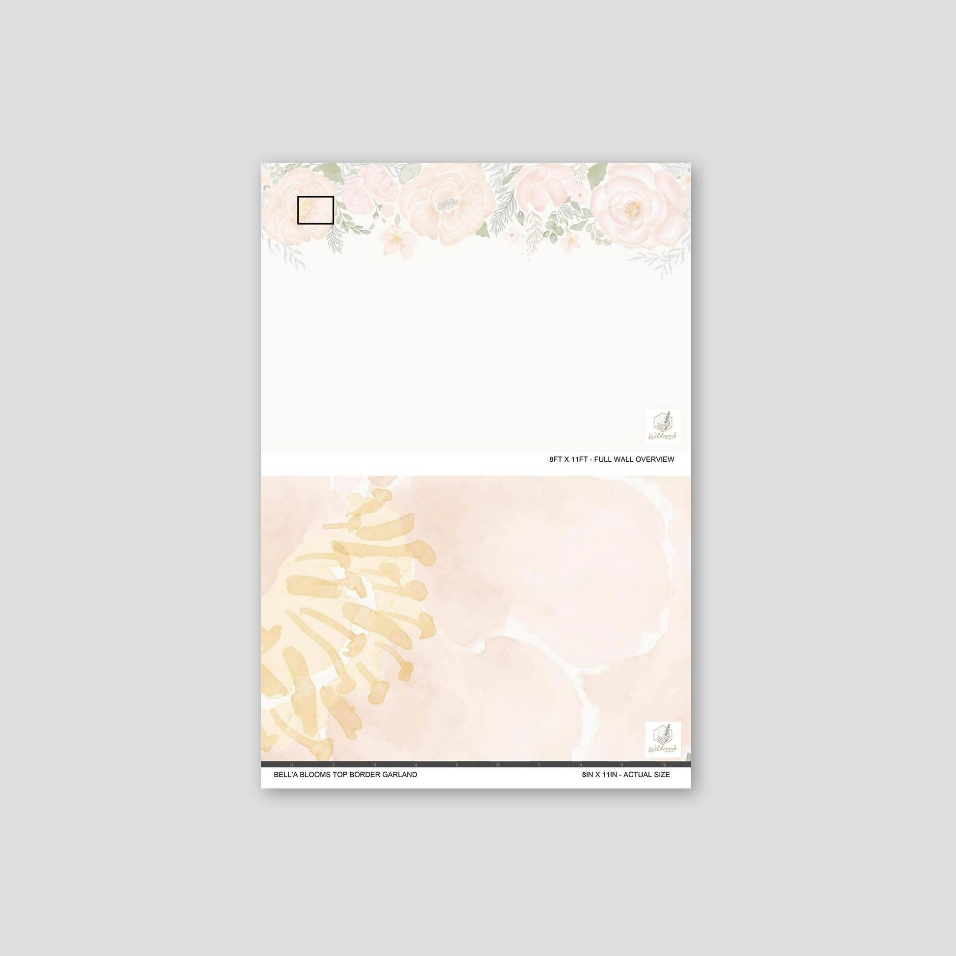 Blush floral border wallpaper with peonies and roses in soft pastel tones.