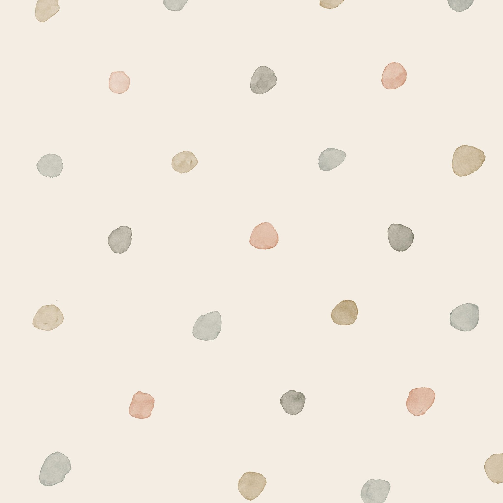 Whimsical pastel polka dot wallpaper with watercolor spots in soft hues.