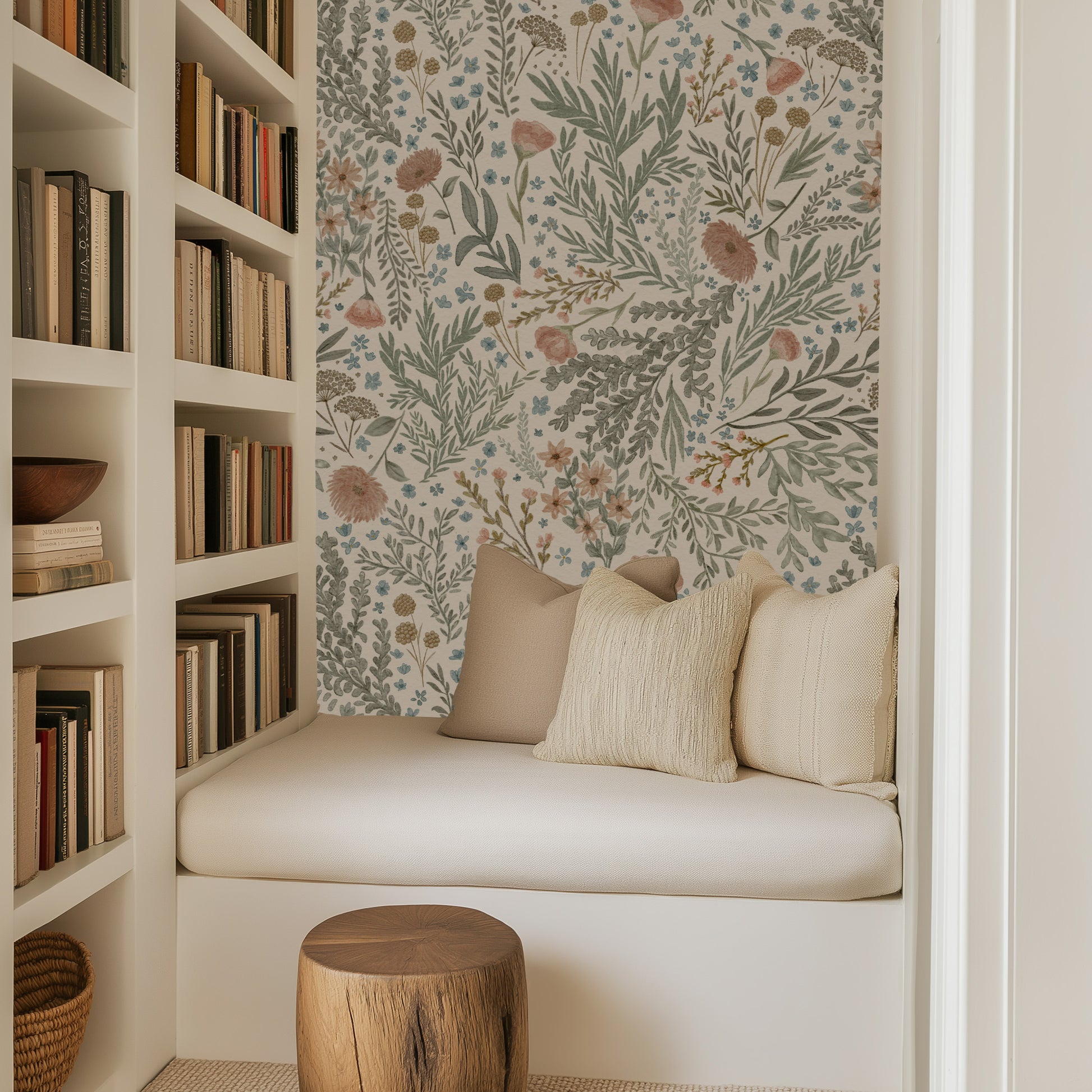 Nook with bookshelf, cushioned seat, and floral wallpaper