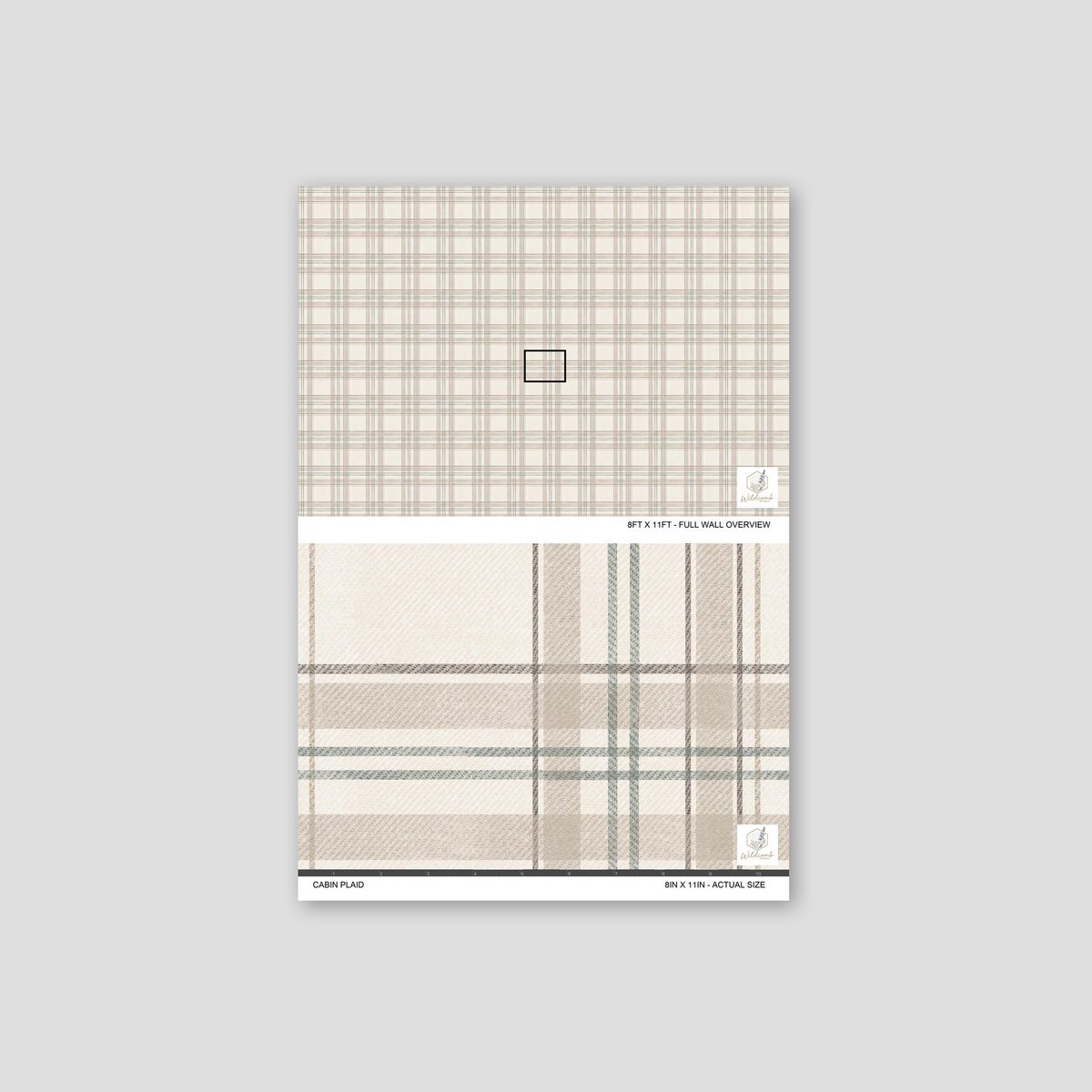Cabin Plaid wallpaper with cream, taupe, and sage green check pattern sample.