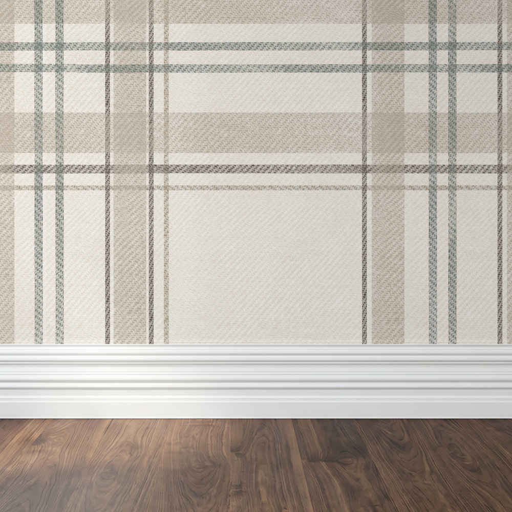 Cream and taupe plaid wallpaper with sage green accents in a cozy room setting.