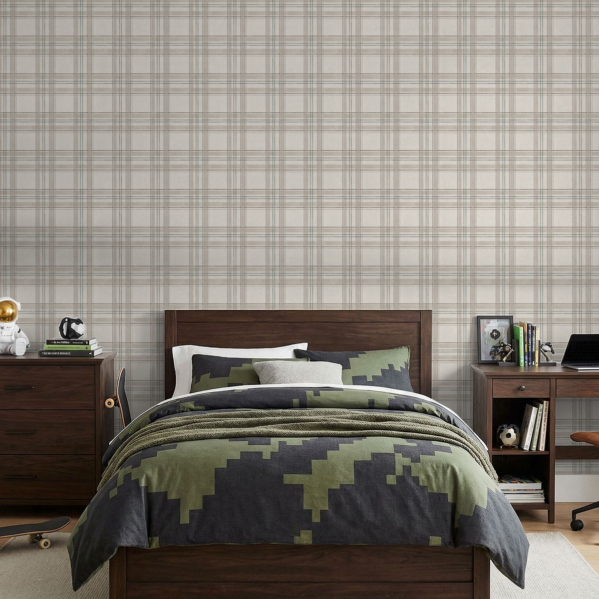 Cabin Plaid wallpaper in cream and taupe with sage accents in a cozy bedroom setting.