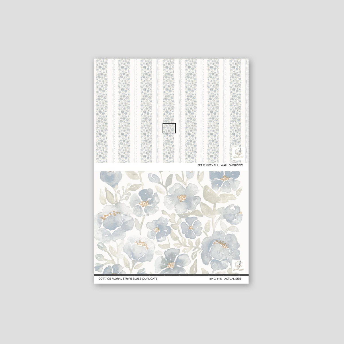 Chambray Cottage wallpaper shown as a blue watercolor floral stripe with delicate dotted and tiny floral details on a cream ground.