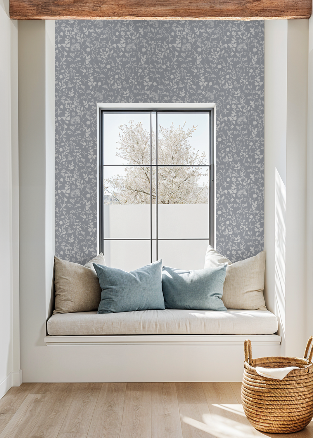 Chambray wildflower wallpaper in cozy window nook with cushions