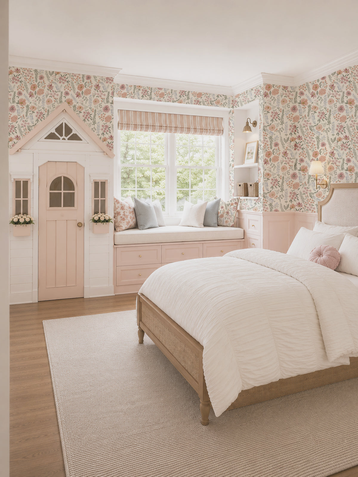 A beautifully styled children's bedroom featuring a light pink wooden playhouse door, a built-in window seat with cushions, and floral wallpaper. The room is furnished with a light wood bed frame, white textured bedding, and a neutral beige rug.
